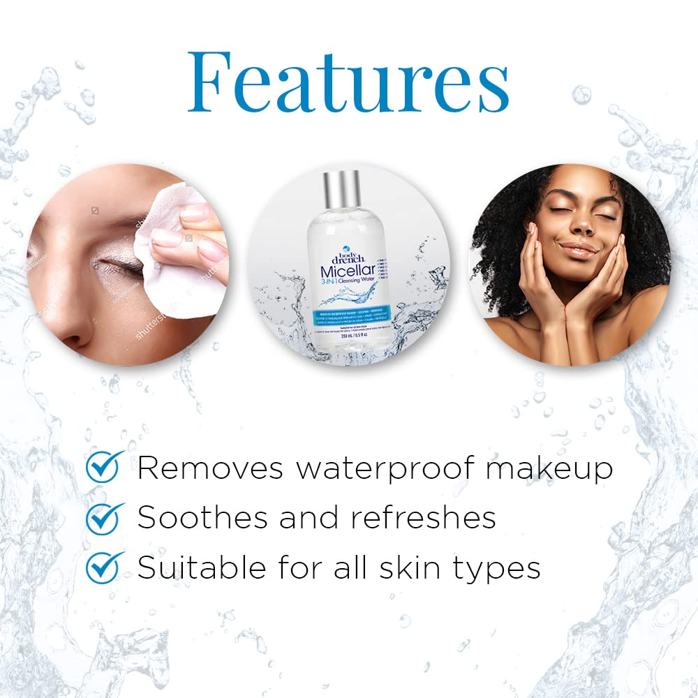 Body Drench Micellar Water - 3-in-1 Cleansing Makeup Remover & Hydrating Face Cleanser for Sensitive Skin | Removes Waterproof Makeup | Gentle Facial Wash (8.5 fl oz) | Perfect for Daily Skincare & Travel