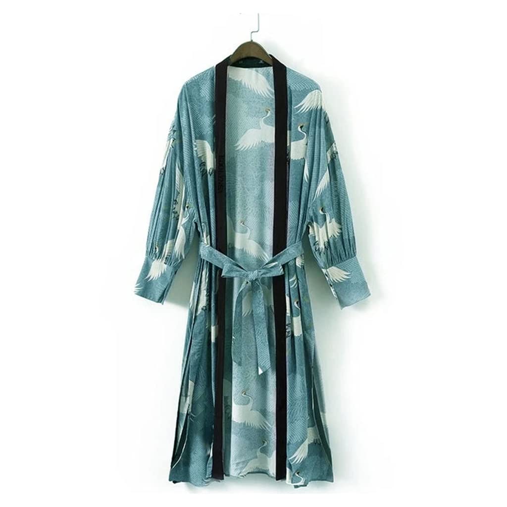 Women's Plus Size Cotton Long Kimono Cardigan with Side Split - Blue ONE Size - Perfect for Beachwear, Boho Outfits & Casual Loungewear