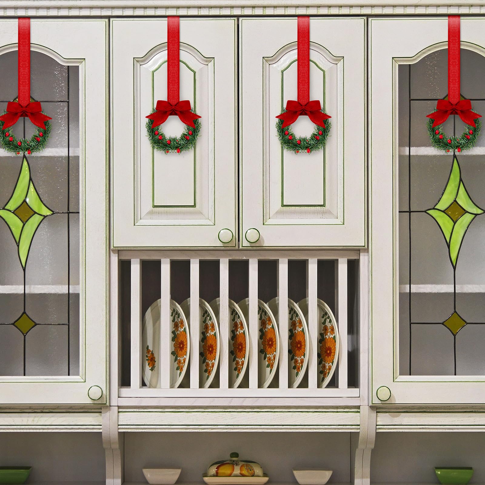 12 Pcs Mini Christmas Wreaths 3.94 Inch - Red Holiday Kitchen Cabinet Decor with Ribbon for Windows, Doors, and Home Decoration - Classic Style Xmas Ornaments for Festive Season