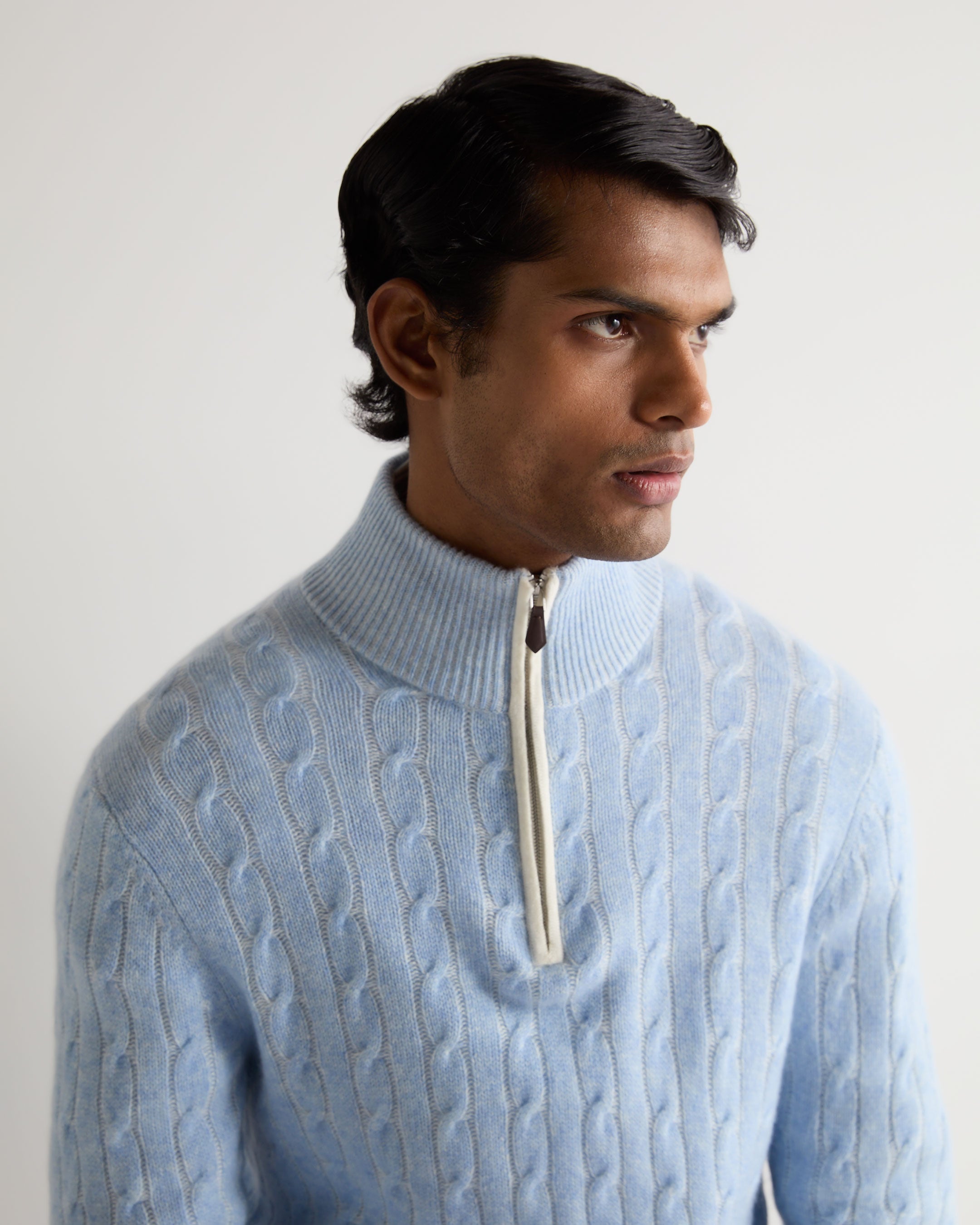 Premium Men's Two-Tone Cable Knit Half-Zip Cashmere Sweater in Cornflower Blue - Cozy Winter Wear for Office & Casual Outings