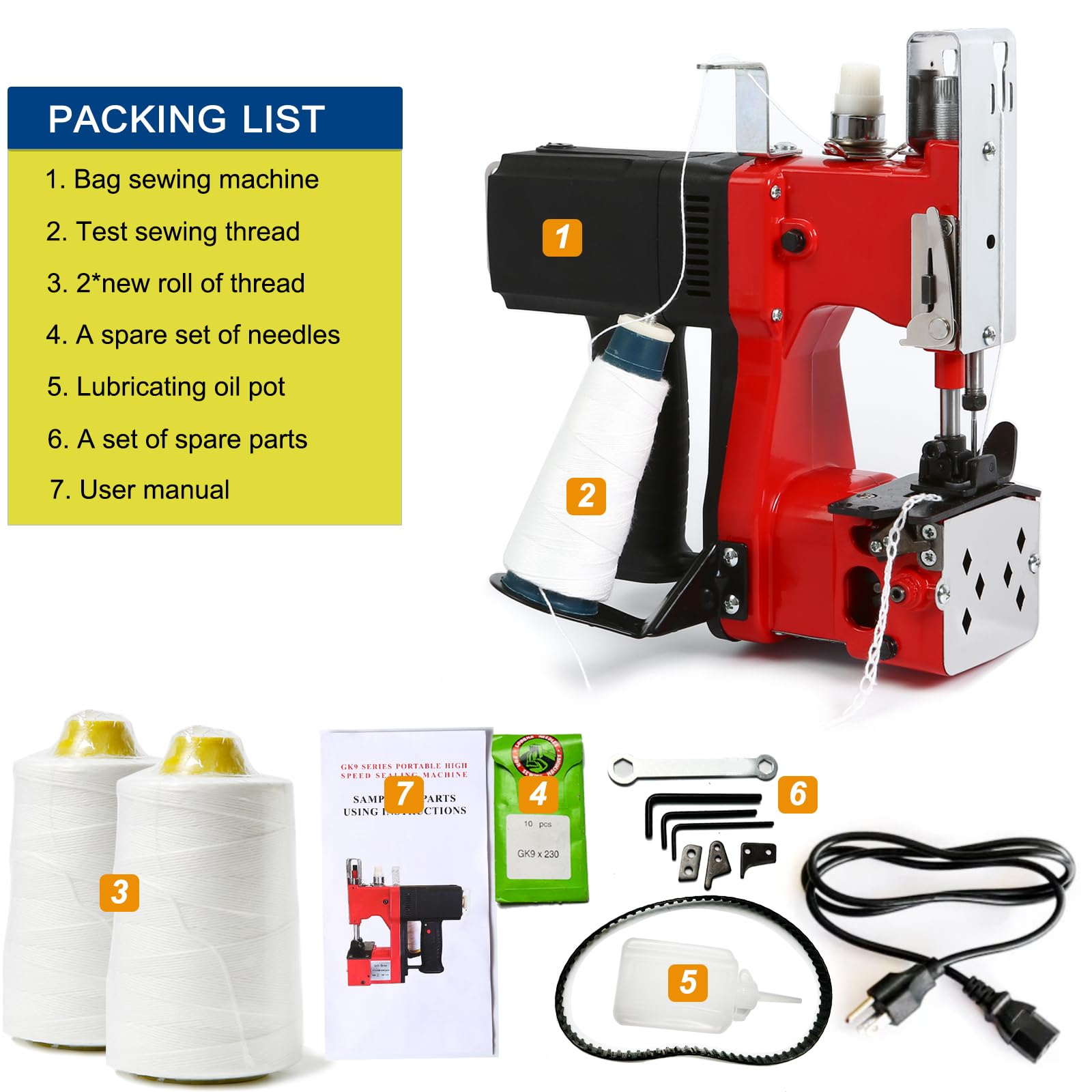 Heavy Duty Bag Sewing Machine for Burlap Bags & Sand Bags - Industrial Bag Closing Stitcher with 2 Spools of Thread - Perfect for Agriculture, Construction & Packaging Industries