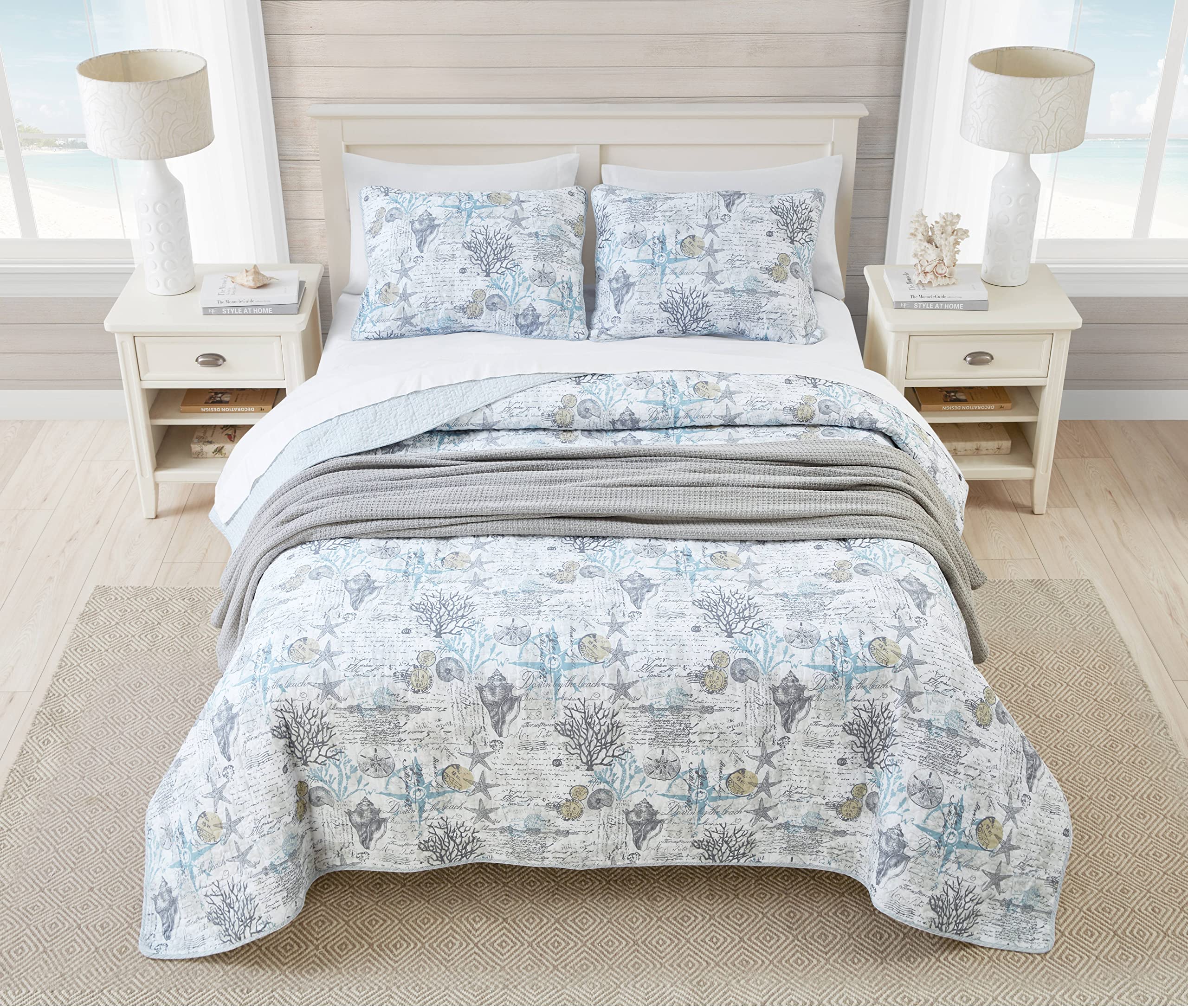 Tommy Bahama Reversible Queen Quilt Set - 100% Cotton Beach Themed Bedding with Matching Shams, All-Season Comfort in Beach Bliss Grey | Perfect for Coastal Bedrooms, Guest Rooms & Vacation Homes