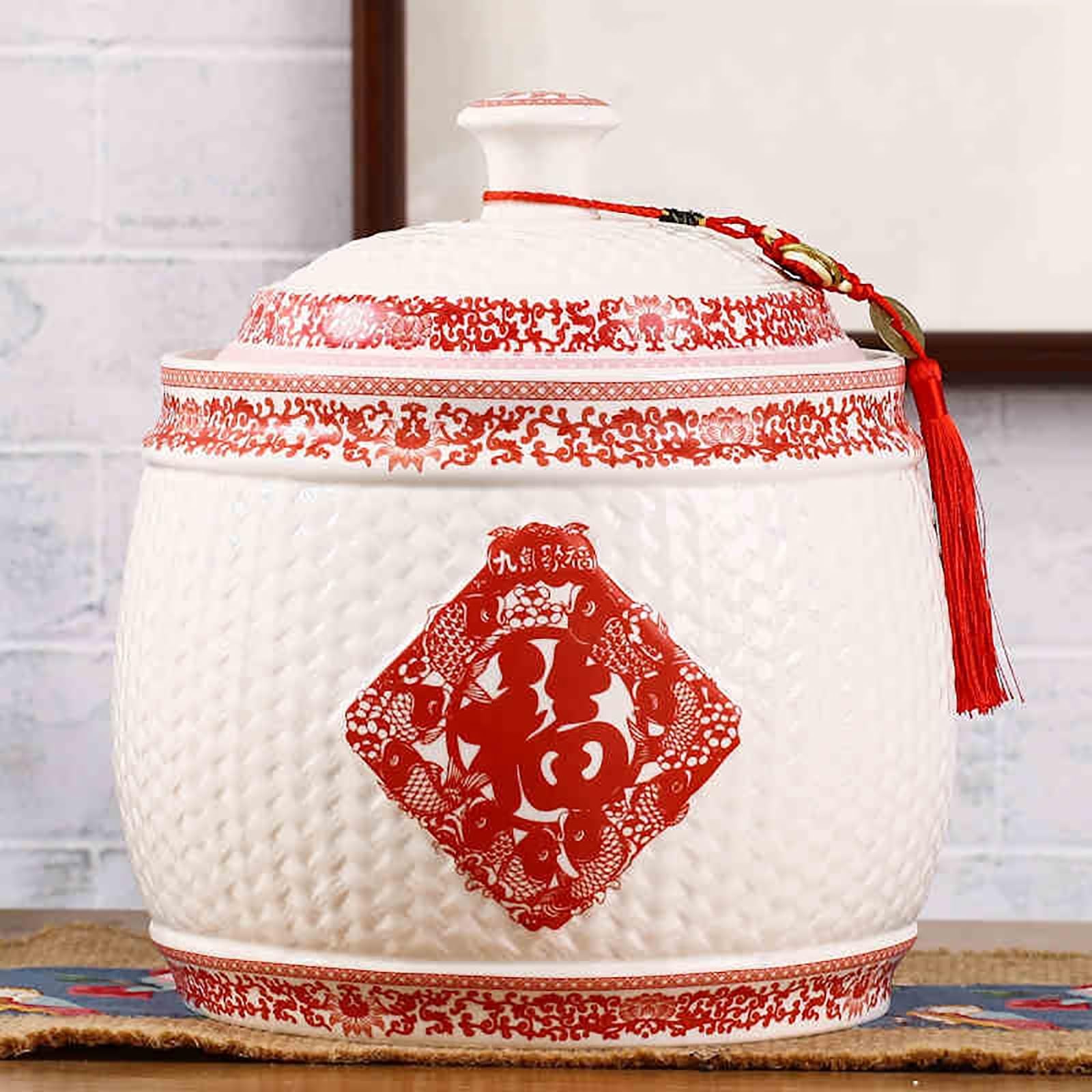 Large Airtight Ceramic Rice Storage Container with Tassel Design - 10L Capacity Grain Dispenser for Rice, Snacks, Coffee Beans & Dry Food | Perfect for Kitchen Pantry Organization & Bulk Food Storage