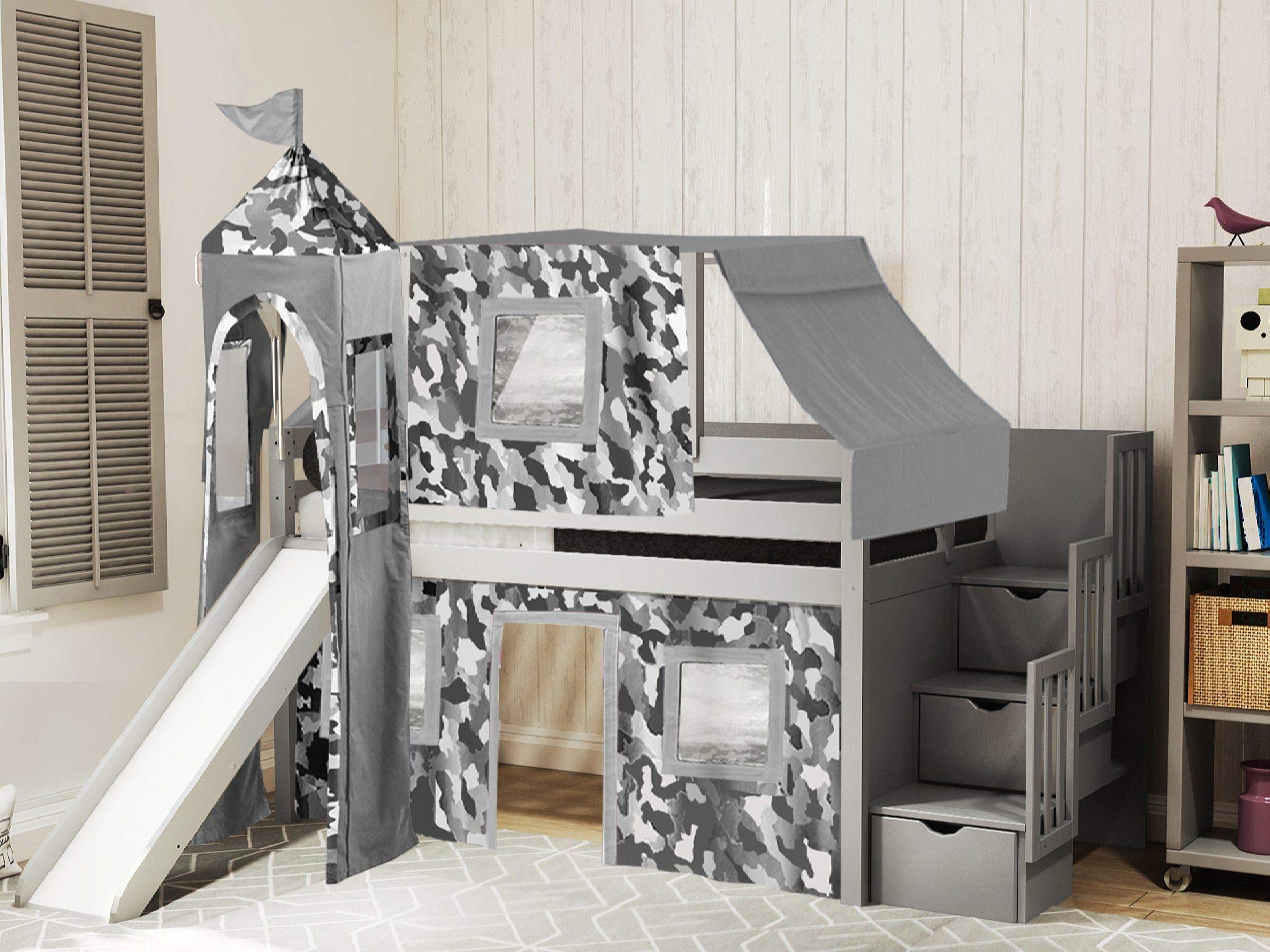 JACKPOT! Twin Size Gray Camo Castle Low Loft Stairway Bed with Slide & Play Tent - Kids Loft Bed with Tower for Bedroom Playroom