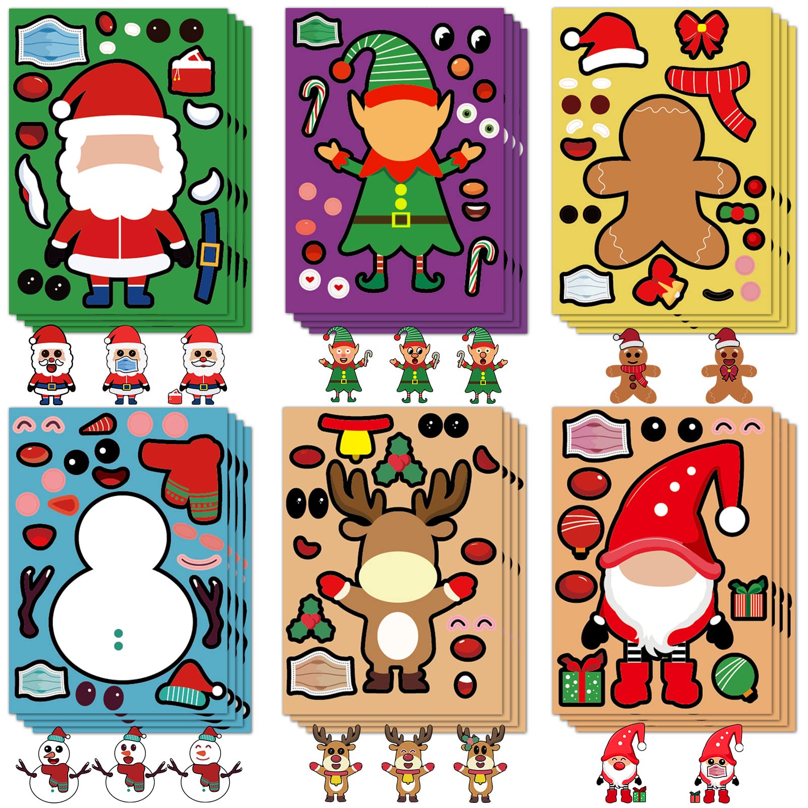 24-Piece Christmas Stickers for Kids - DIY Santa Snowman Gingerbread Reindeer Elf Face Stickers | Fun Holiday Craft Activity for Christmas Party Favors, Classroom Games & Gift Wrapping