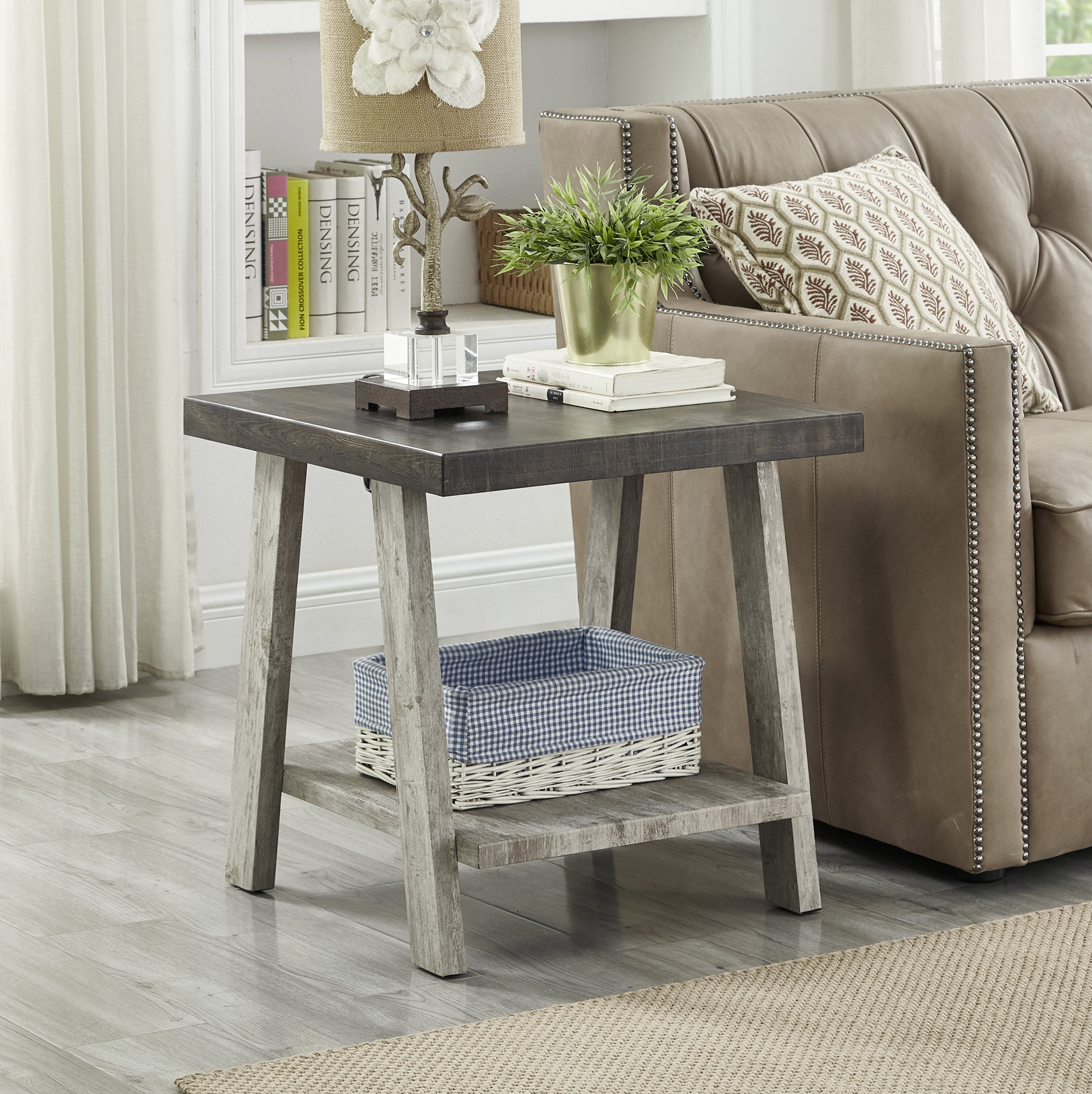 Roundhill Furniture Athens Contemporary Two-Tone Wood Shelf End Table in Weathered Walnut & Gray - Perfect for Living Room, Bedroom, or Office Decor