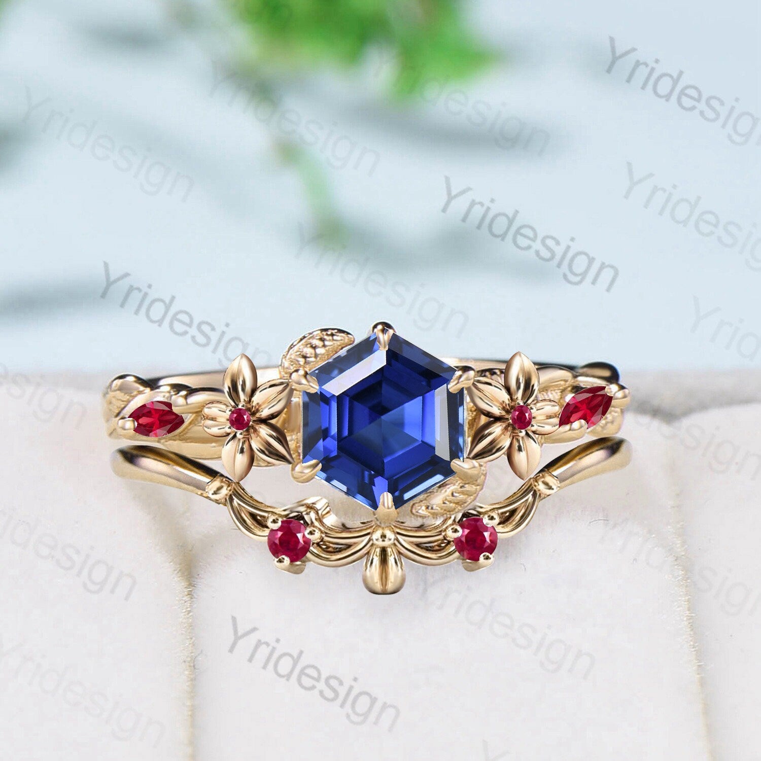 Hexagon Cut Sapphire Engagement Ring Set for Women - Nature Inspired Leaf & Flower Design with Ruby Accents - Perfect for Weddings, Anniversaries, and Special Occasions