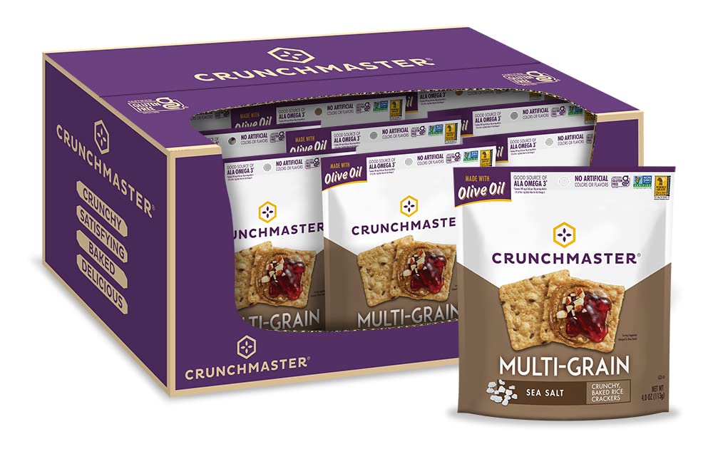 Crunchmaster Multi Grain Gluten Free Crackers - Sea Salt Flavor, 4 Ounce Bags (Pack of 12) | Healthy Snacks for School, Office & Travel | Vegan & Kosher Certified