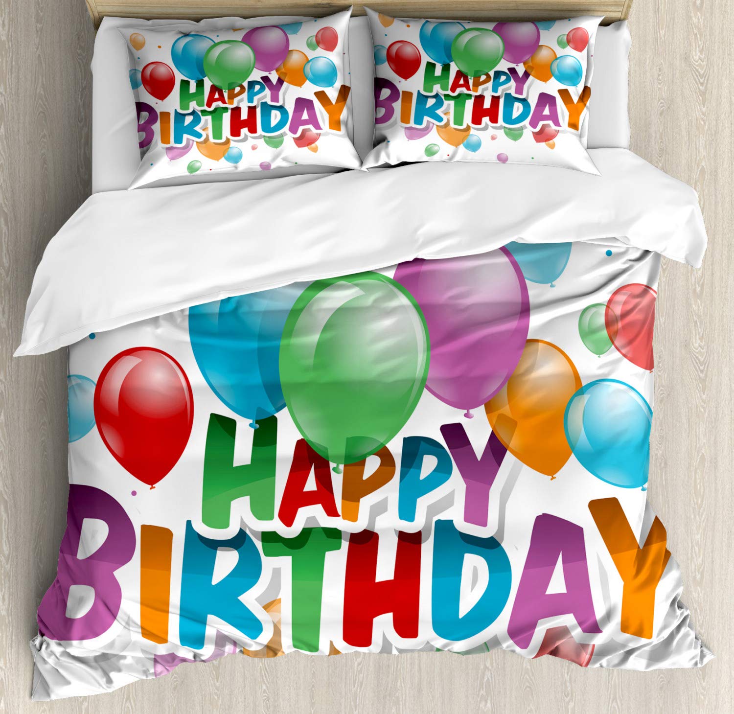 Ambesonne Birthday Duvet Cover Set - Vibrant Balloon Burst Design for Festive Celebrations | 3-Piece King Size Bedding with 2 Pillow Shams | Perfect for Birthday Parties, Room Decor & Gift Giving