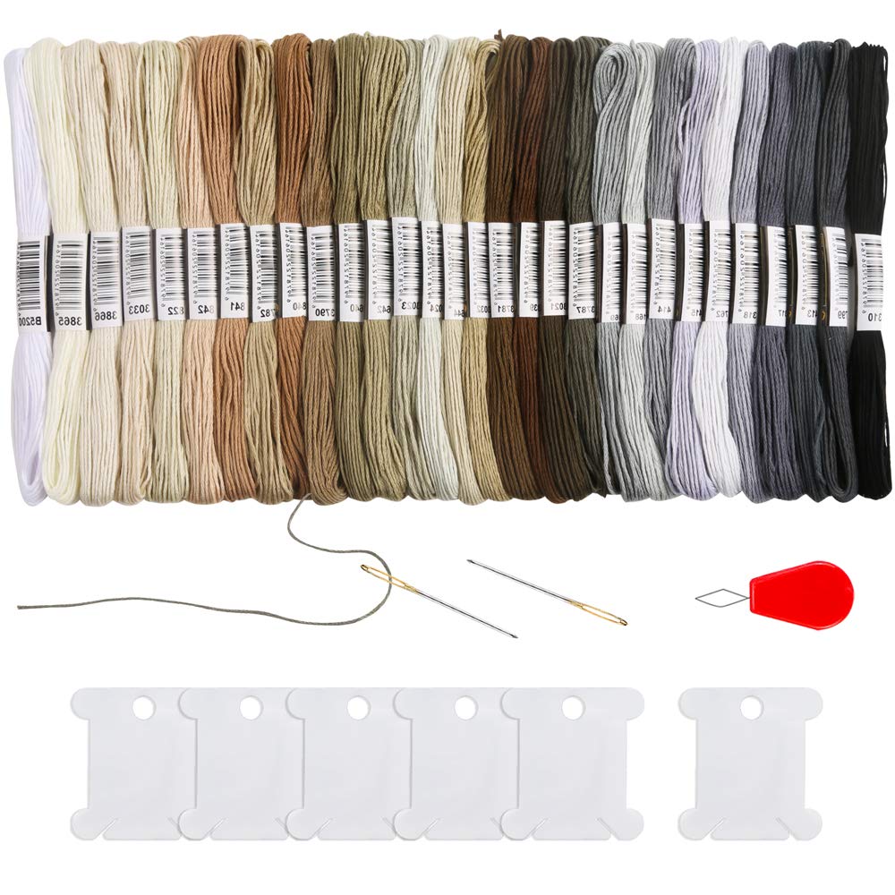 Pllieay 30 Skeins Black to White Gradient Grey Embroidery Floss Kit - Cross Stitch Threads for Friendship Bracelets, Sewing & Needlework - Includes 6 Floss Bobbins, 2 Embroidery Needles & Needle Threader - Perfect for DIY Crafts, Handmade Gifts & Home Decor Projects