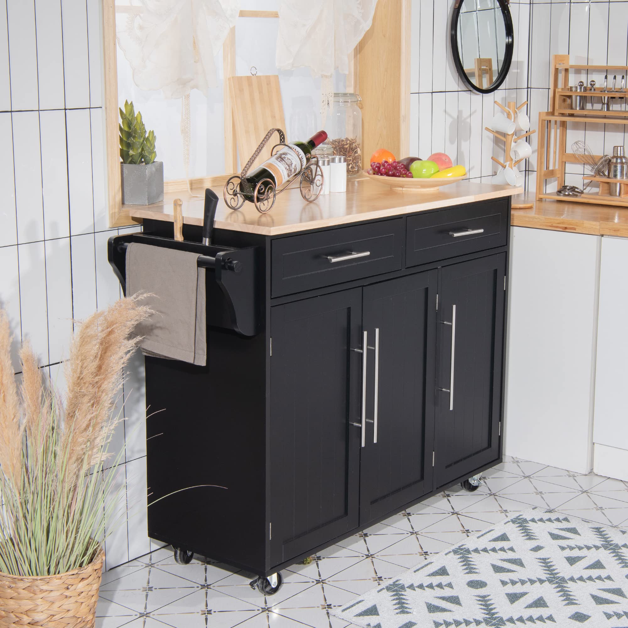 LOKO Large Kitchen Island with Storage - Portable Rolling Kitchen Cart with Rubber Wood Countertop, Adjustable Shelves & Universal Casters - 49 x 18.11 x 36.61 Inches - Perfect for Small Kitchens, Food Prep, and Extra Counter Space