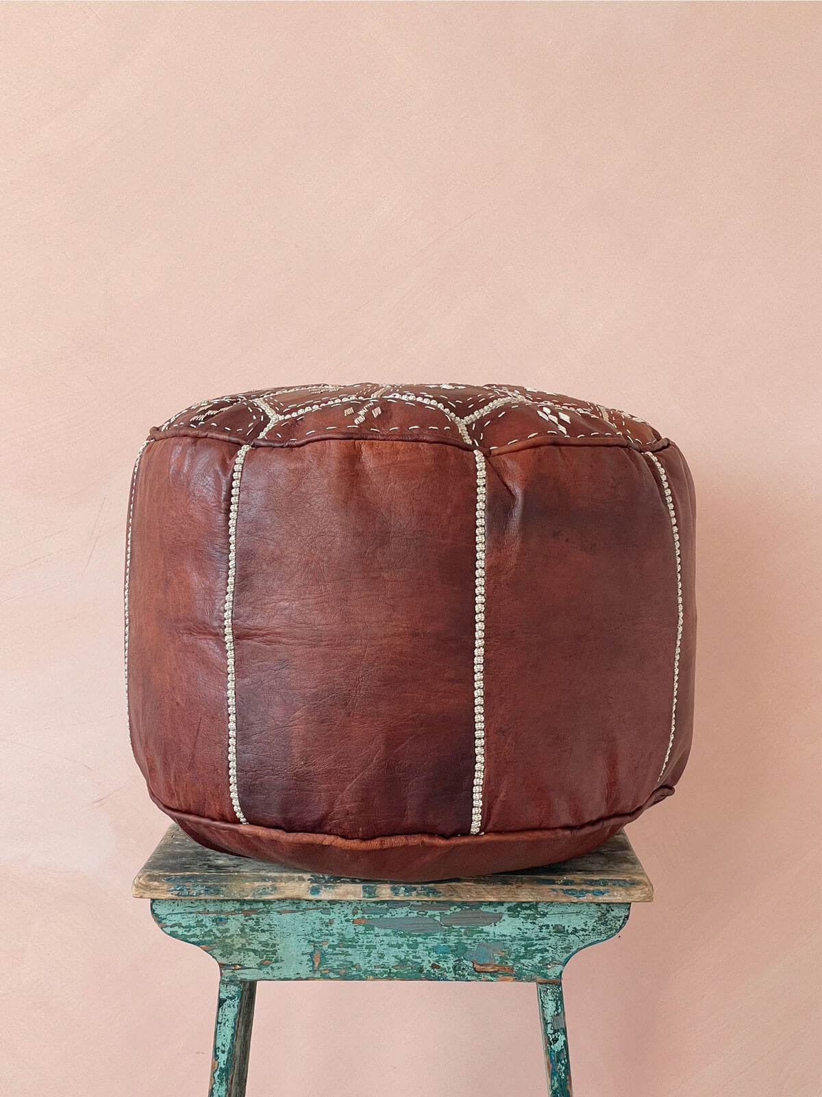 Handmade Moroccan Leather Tile Pouffe Ottoman - Chestnut Brown Footstool for Living Room, Bedroom & Boho Decor