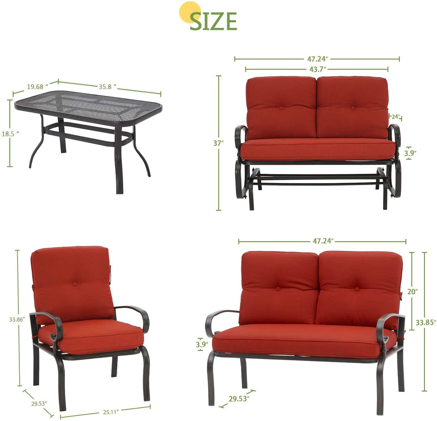 **Crownland Outdoor 5-Piece Patio Conversation Set with Swing Glider, Loveseat, Coffee Table & 2 Lounge Chairs – Metal Frame & Red Cushions – Perfect for Backyard, Garden, or Poolside Relaxation**