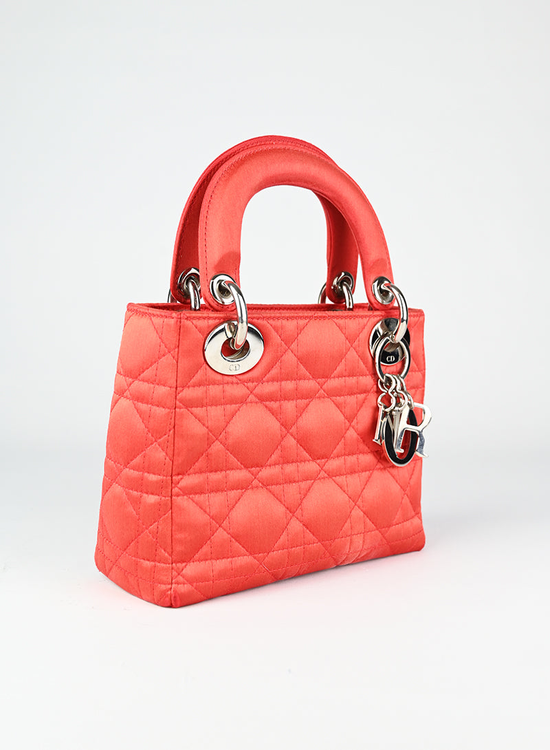 Dior Lady Dior Mini Coral Satin Handbag - Luxury Crossbody Bag for Women, Perfect for Evening Parties & Special Occasions