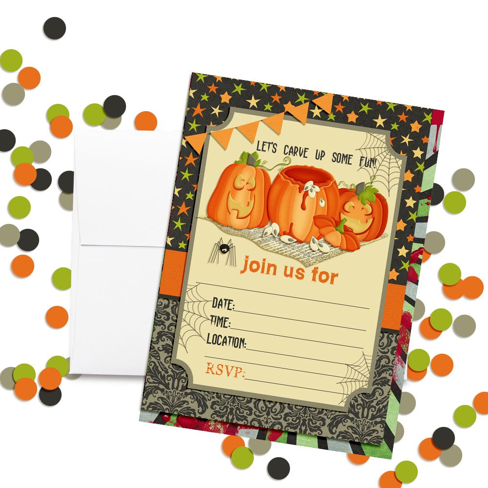 20 Pack Halloween Pumpkin Carving Party Invitations - 5x7 Fill-in Cards with Envelopes for Halloween, Birthday & Fall Celebrations | Perfect for DIY Party Decorations & Seasonal Greetings