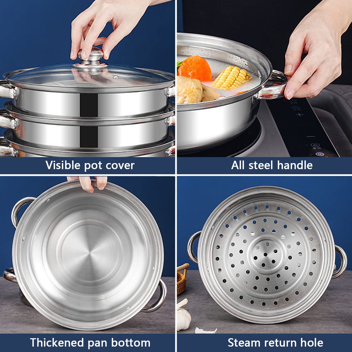 11 Inch 3-Tier Stainless Steel Steamer Pot with Handle - Multipurpose Cookware for Vegetables, Dumplings & Seafood | Perfect for Healthy Cooking, Meal Prep & Asian Cuisine