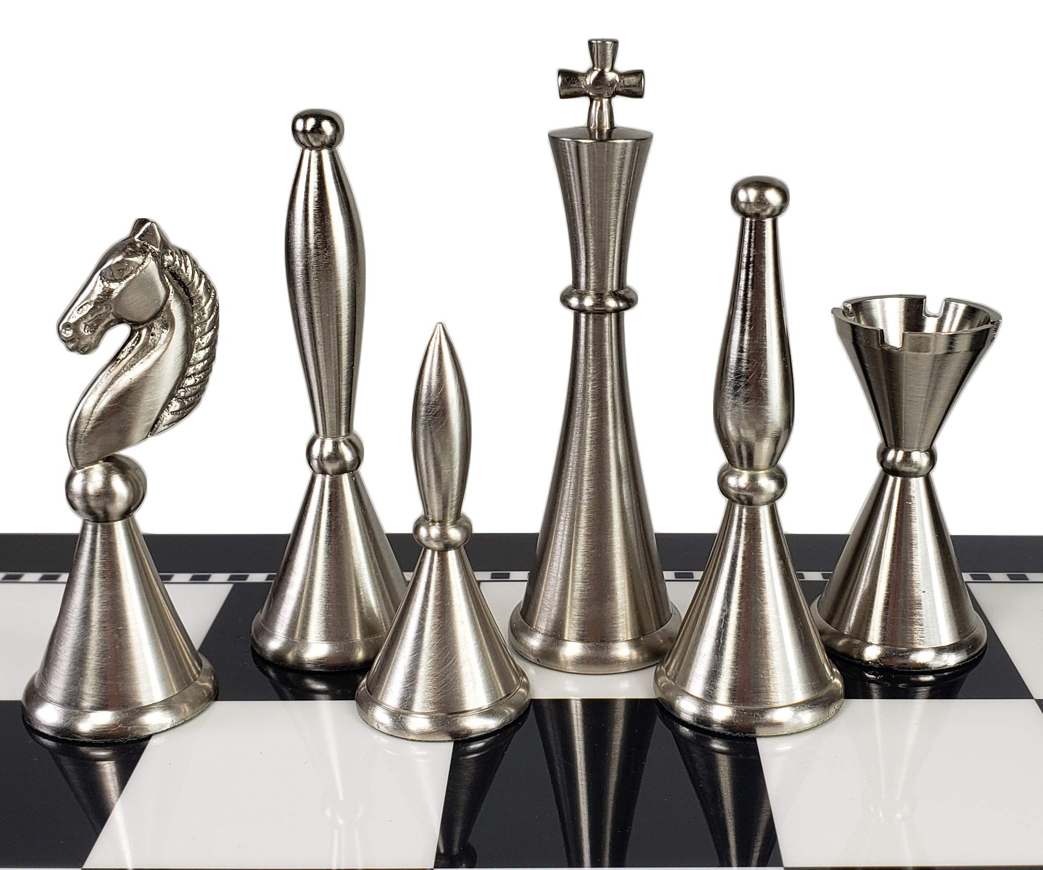 Premium Brass Metal Modern Art Deco Staunton Chess Set - 17 Inch High Gloss Black & White Storage Board - Perfect for Home Decor, Office Display & Professional Chess Tournaments
