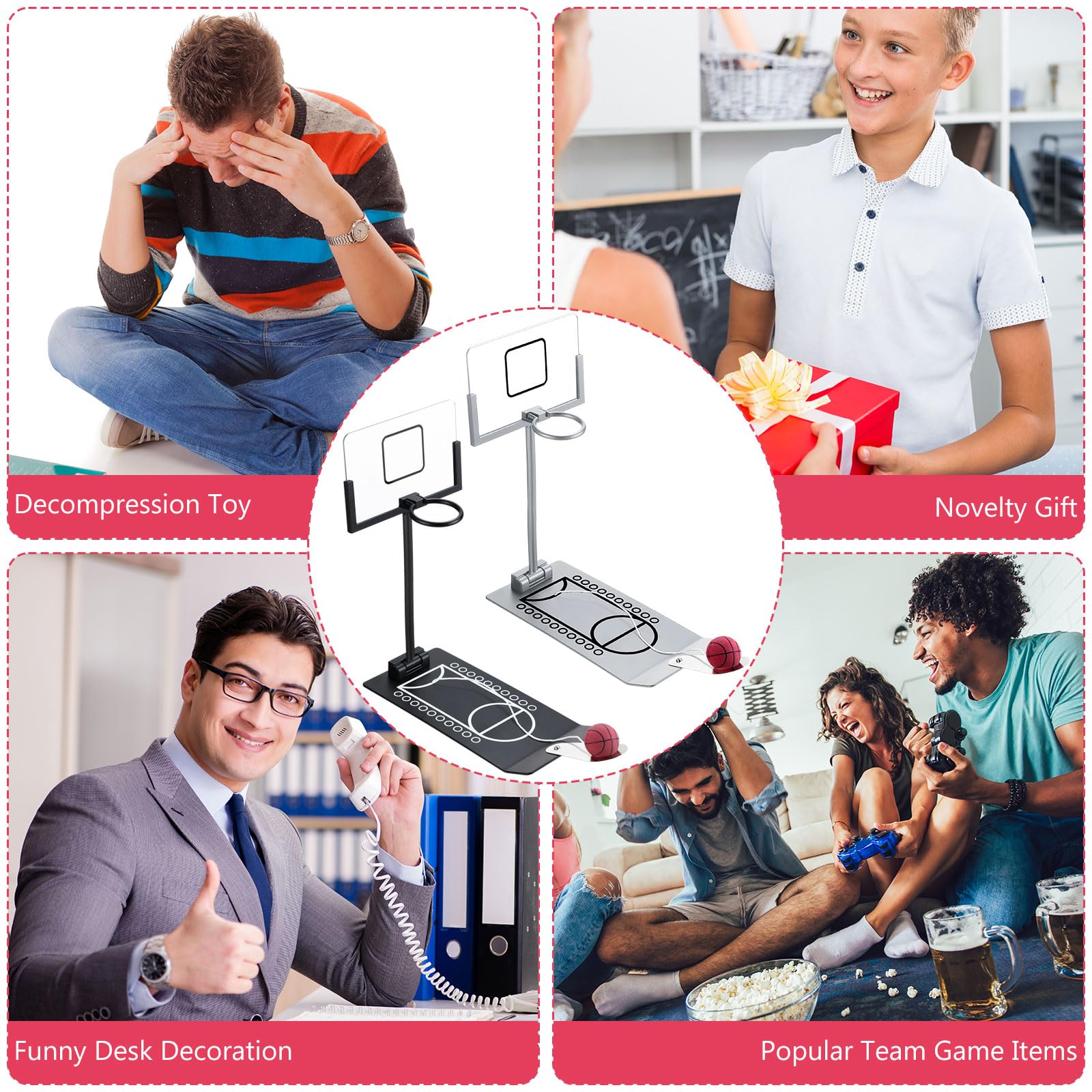 Deekin 2-Pack Mini Basketball Hoop Set - Tabletop Basketball Game for Teens & Adults - Fun Desk Toy for Office, School & Home - Great Gift for Christmas & Birthdays (Black & Silver) - Perfect for Stress Relief, Team Building & Indoor Sports Fun