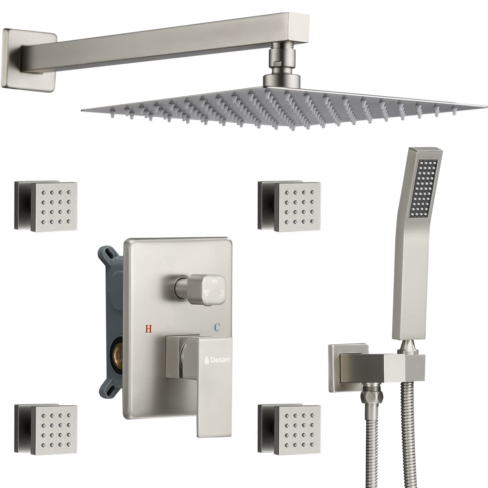 **DASAN Brushed Nickel Full Body Rain Shower System - 4 Body Jets, 12