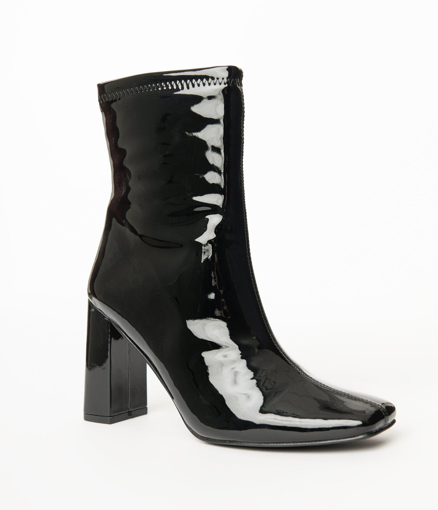 Stylish Black Patent Leatherette Square Toe Booties for Women - Perfect for Office, Party & Evening Wear