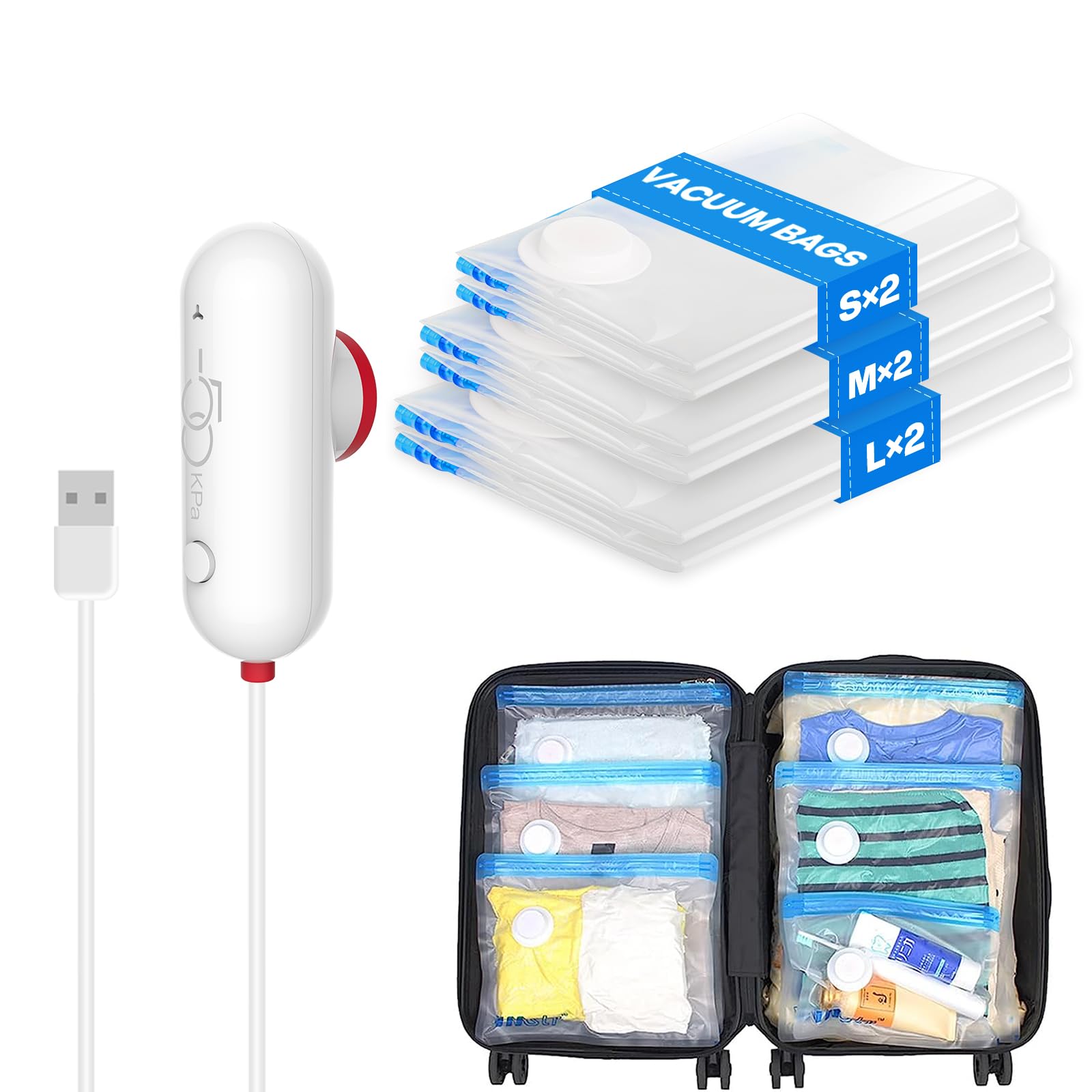 VMstr Vacuum Storage Bags 6 Pack with USB Electric Pump | Space Saving Travel Compression Bags for Clothes, Blankets & Seasonal Storage | Perfect for Suitcase Packing, Moving & Home Organization