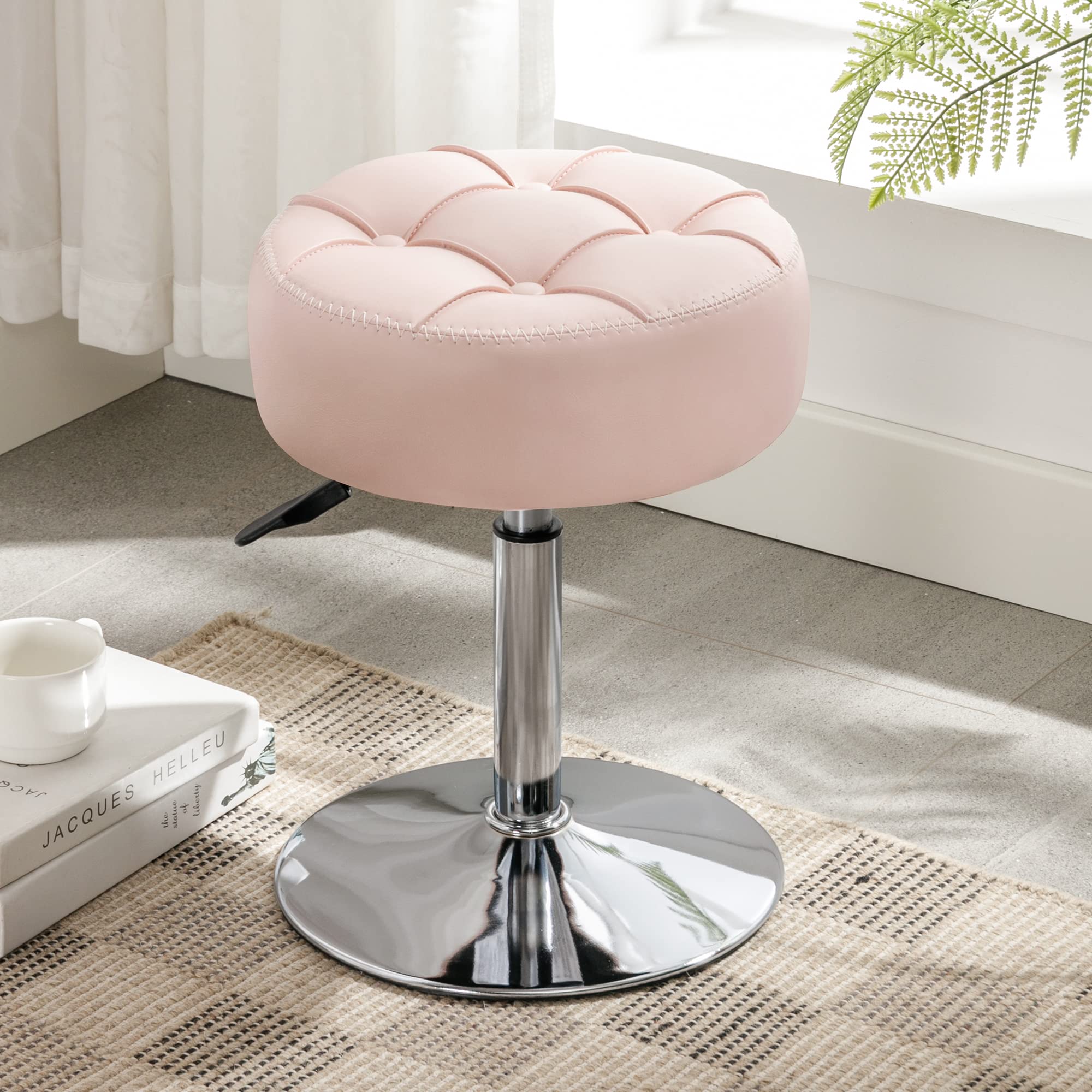 LUE BONA Adjustable Vanity Stool with 360° Swivel - Pink Faux Leather Makeup Chair for Bathroom, Bedroom & Living Room - Perfect for Dressing Table, Cosmetics Organization & Home Decor