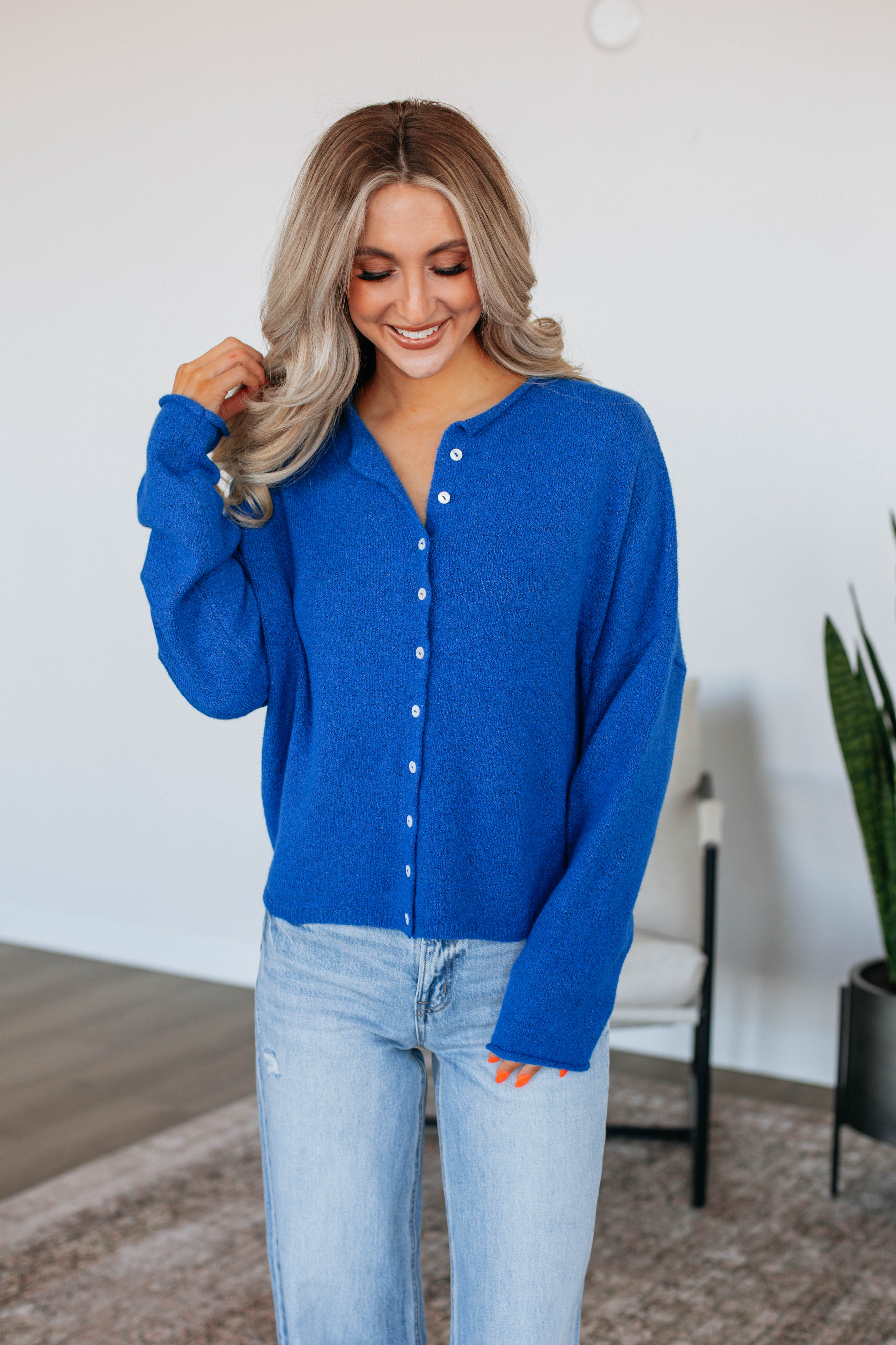 Brooke Cardigan Women's Cobalt Blue Knit Sweater - Perfect for Fall Layering & Casual Office Wear