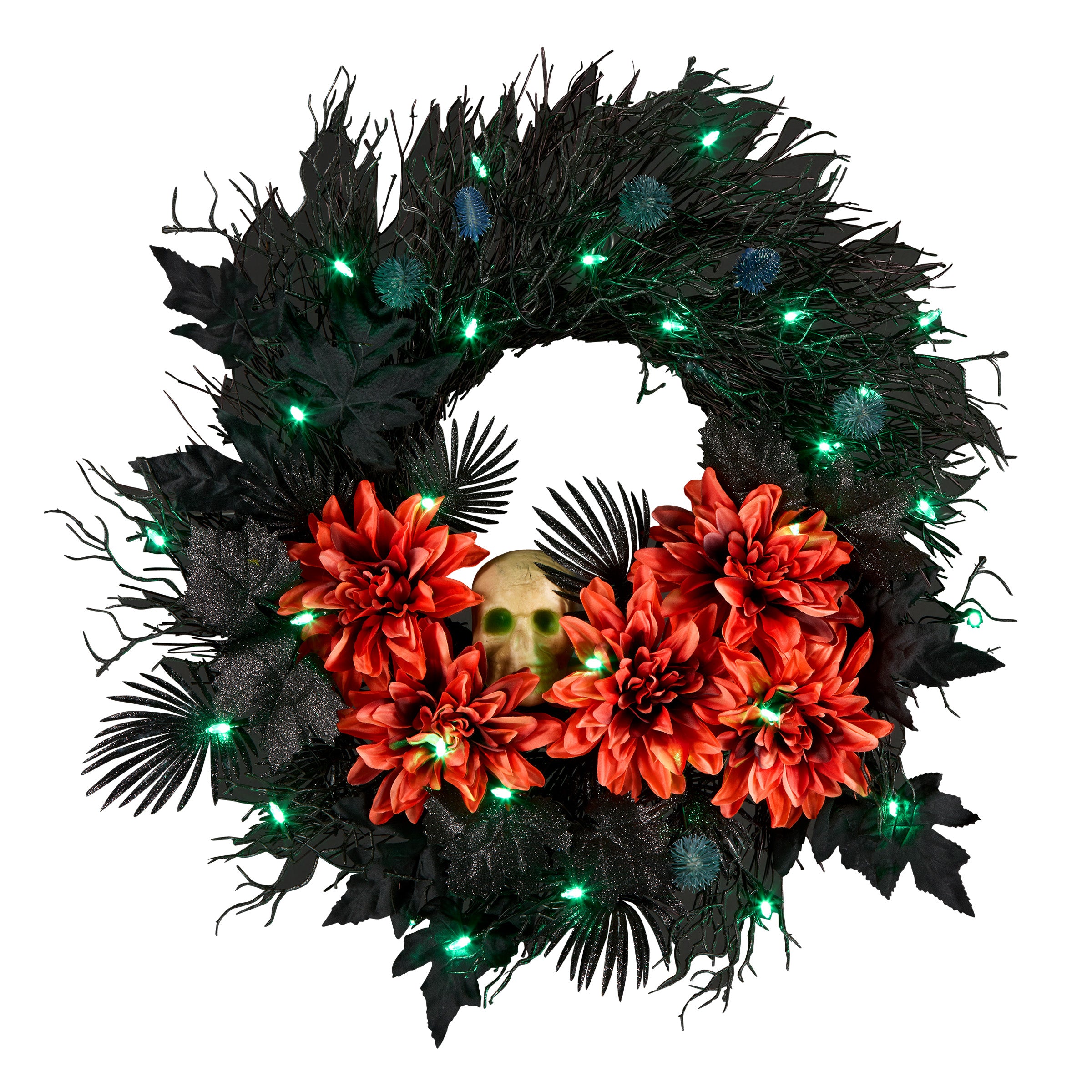 24 Inch Halloween Boo-tiful Wreath with Orange Florals & White Skull - LED Lighted Door Decor for Spooky Front Porch or Indoor Party Decoration
