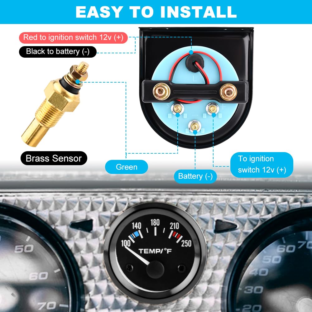52mm Water Temp Gauge 100-250℉ with LED Backlight for Car, Boat, Truck - Black