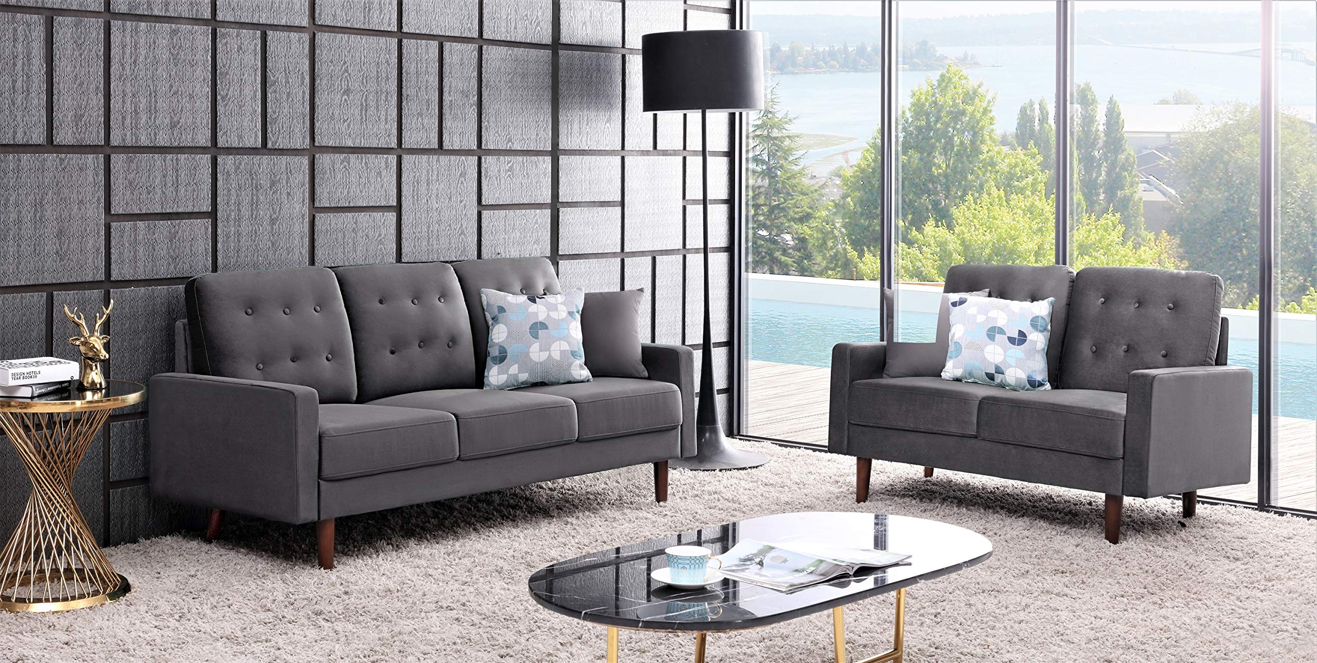 Modern Velvet Upholstered Tufted Sofa with Bolster Pillows, 72 Inch Grey - Luxury Living Room Furniture for Small Spaces & Apartments