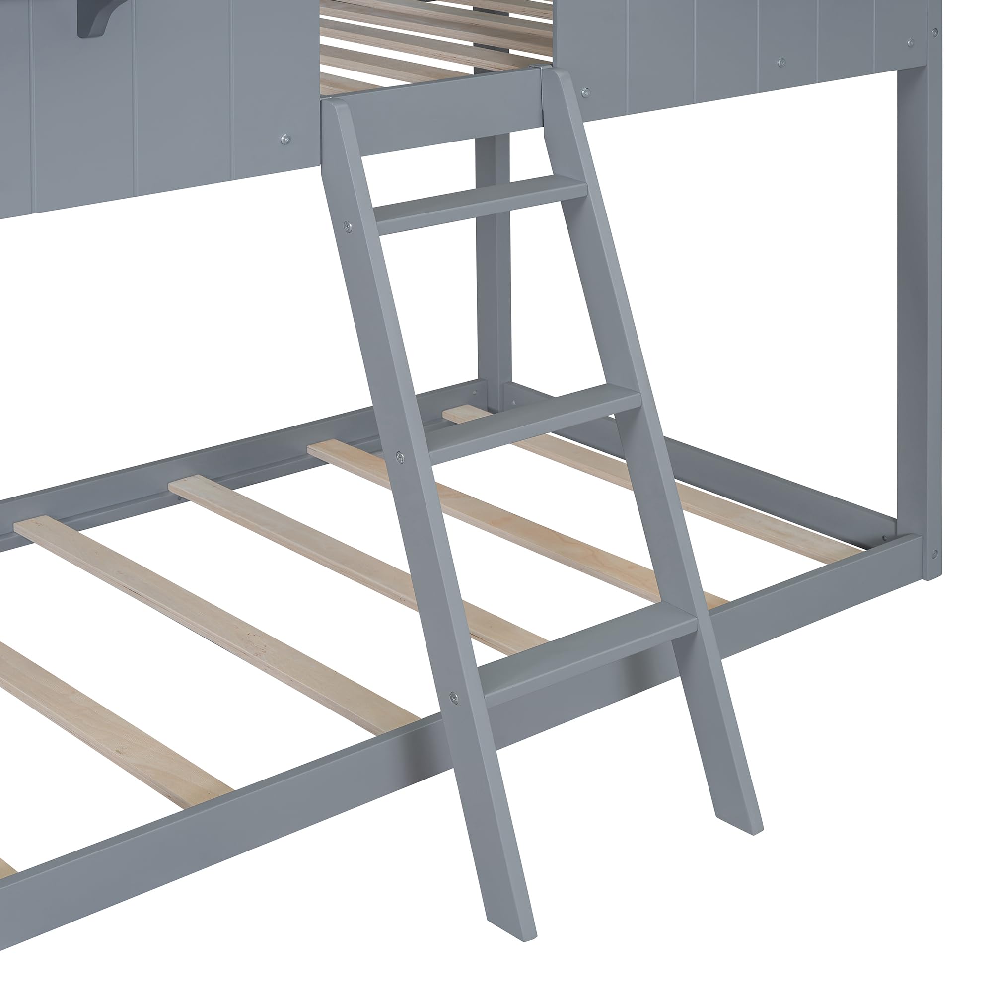 Polibi Twin-Over-Twin Wooden Bunk Bed with Playhouse Design - Farmhouse Style Kids Bunk Bed with Ladder & Safety Guardrails - Space-Saving Grey Bunk Bed for Kids' Bedroom, Playroom or Small Spaces