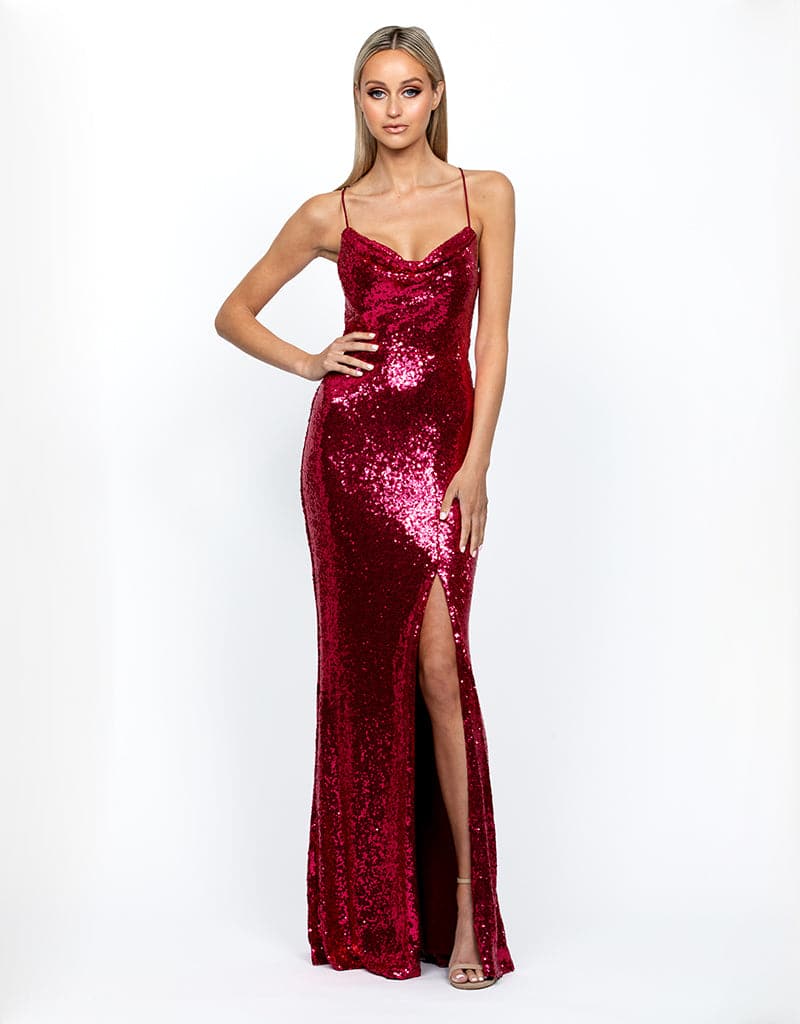 Elegant Stephanie Draped Cowl Neck Sequin Evening Gown for Women - Perfect for Prom, Black Tie Events & Formal Occasions