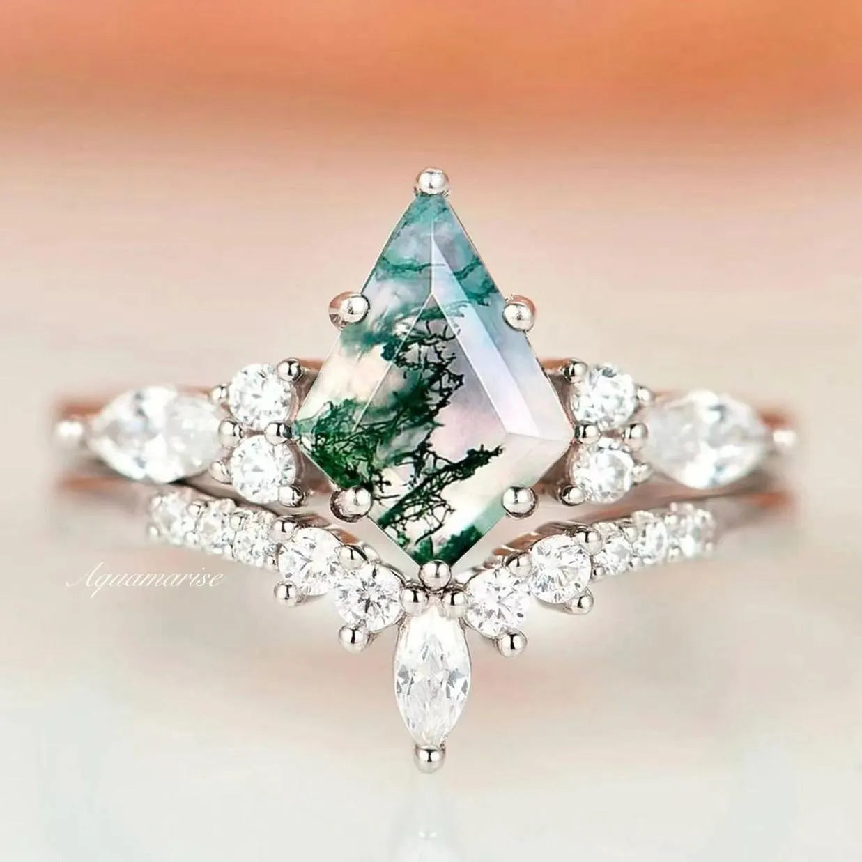 Skye Kite™ Green Moss Agate Engagement Ring Set - 14K White Gold Wedding Band, Dainty Nature-Inspired Jewelry for Women, Perfect for Proposals, Anniversaries & Special Occasions
