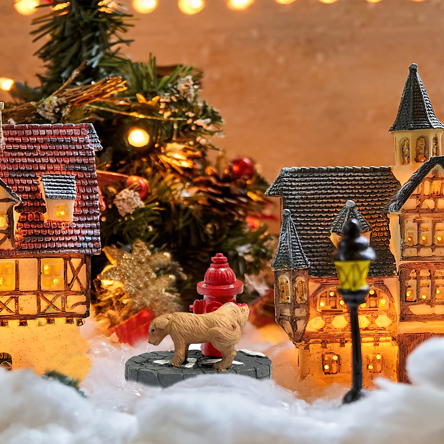 Santa's Dog with Fire Hydrant Resin Statue - Cute Christmas Village Accessories Set for Holiday Snow Village Decor | Perfect for Christmas Tree Ornaments, Mantel Displays & Winter Wonderland Scenes