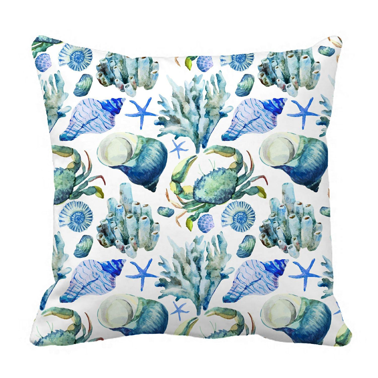 ABPHQTO 18x18 Inch Sea Ocean Shell Coral Crab Watercolor Pillow Cover - Reversible Decorative Pillowcase for Couch, Bed, Sofa & Home Decor - Beach Theme Living Room Accessory