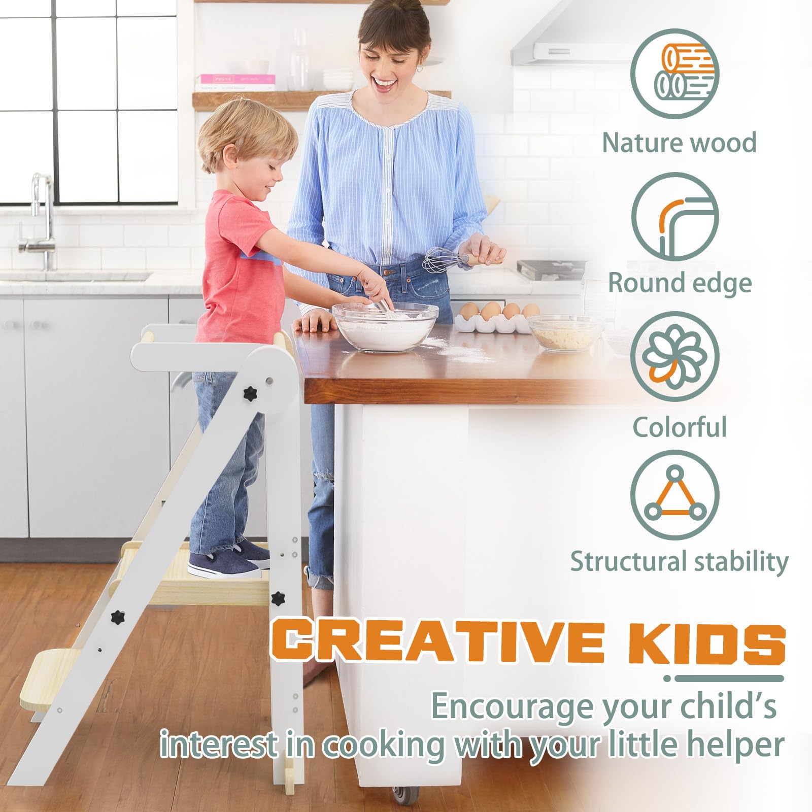Taleco Gear Foldable Toddler Kitchen Stool Helper - 3 Adjustable Height Wooden Learning Tower for Kids | Collapsible Step Stool for Bathroom & Kitchen Safety (Natural Wood) | Perfect Montessori Helper for Baking, Washing Hands & Countertop Access