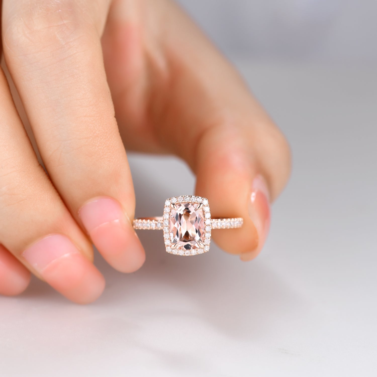 5x7mm Morganite & Diamond Halo Engagement Ring - Petite Thin Band for Women, Wedding Proposal, Anniversary Gift, Bridal Jewelry