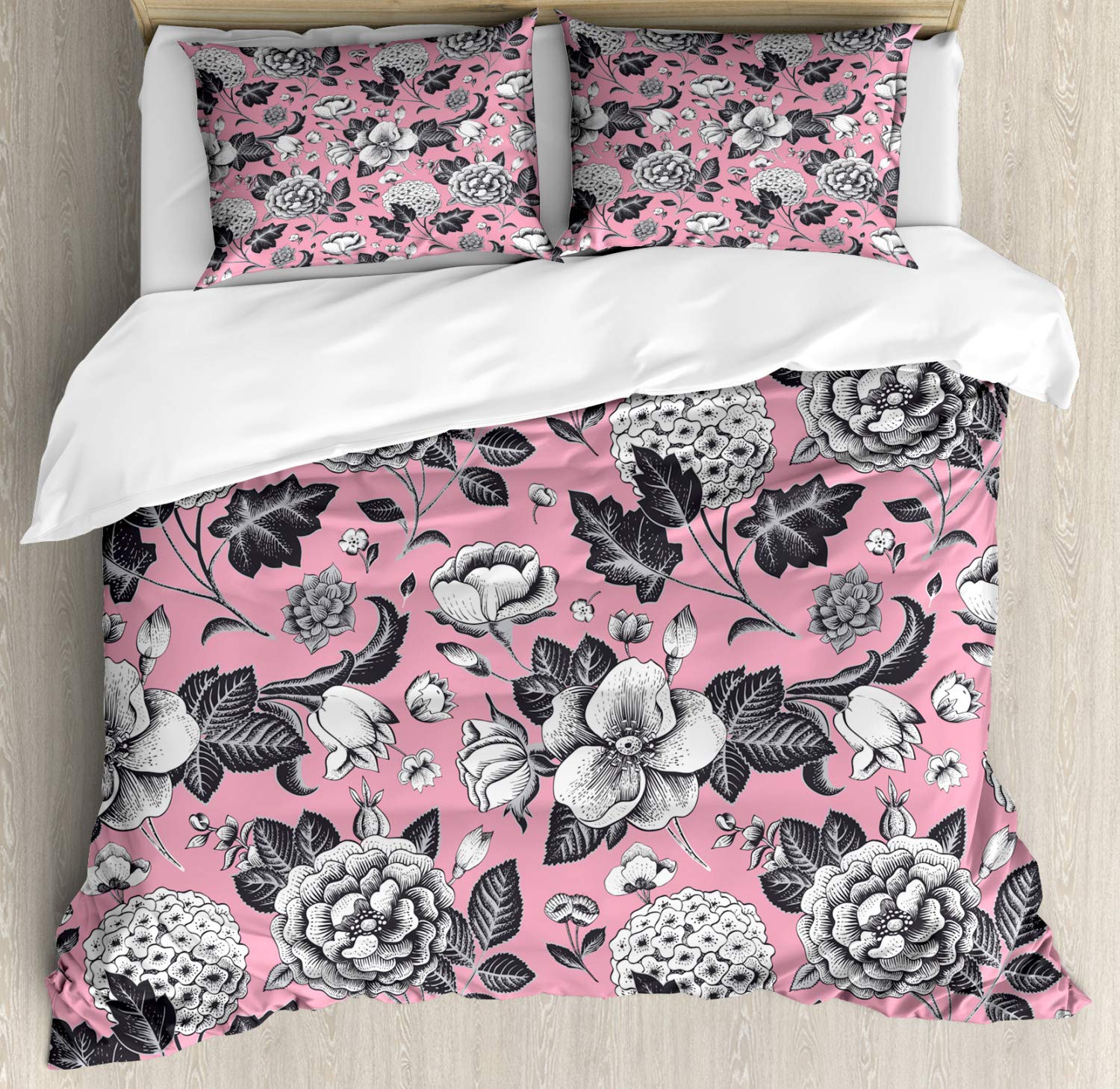 Ambesonne Floral Duvet Cover Set - Vintage Garden Flowers with Tulips & Leaves Sketch Art, 3-Piece King Size Bedding Set (Duvet Cover + 2 Pillow Shams) in Coral Black & White | Perfect for Bohemian Bedroom Decor, Guest Room Makeover & Cozy Farmhouse Style