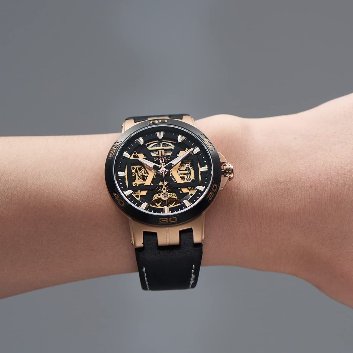 **Black Skeleton Automatic Watch for Men - Waterproof Military Watch with Genuine Crazy Horse Leather Strap - Perfect for Outdoor Adventures, Casual Wear & Formal Occasions**