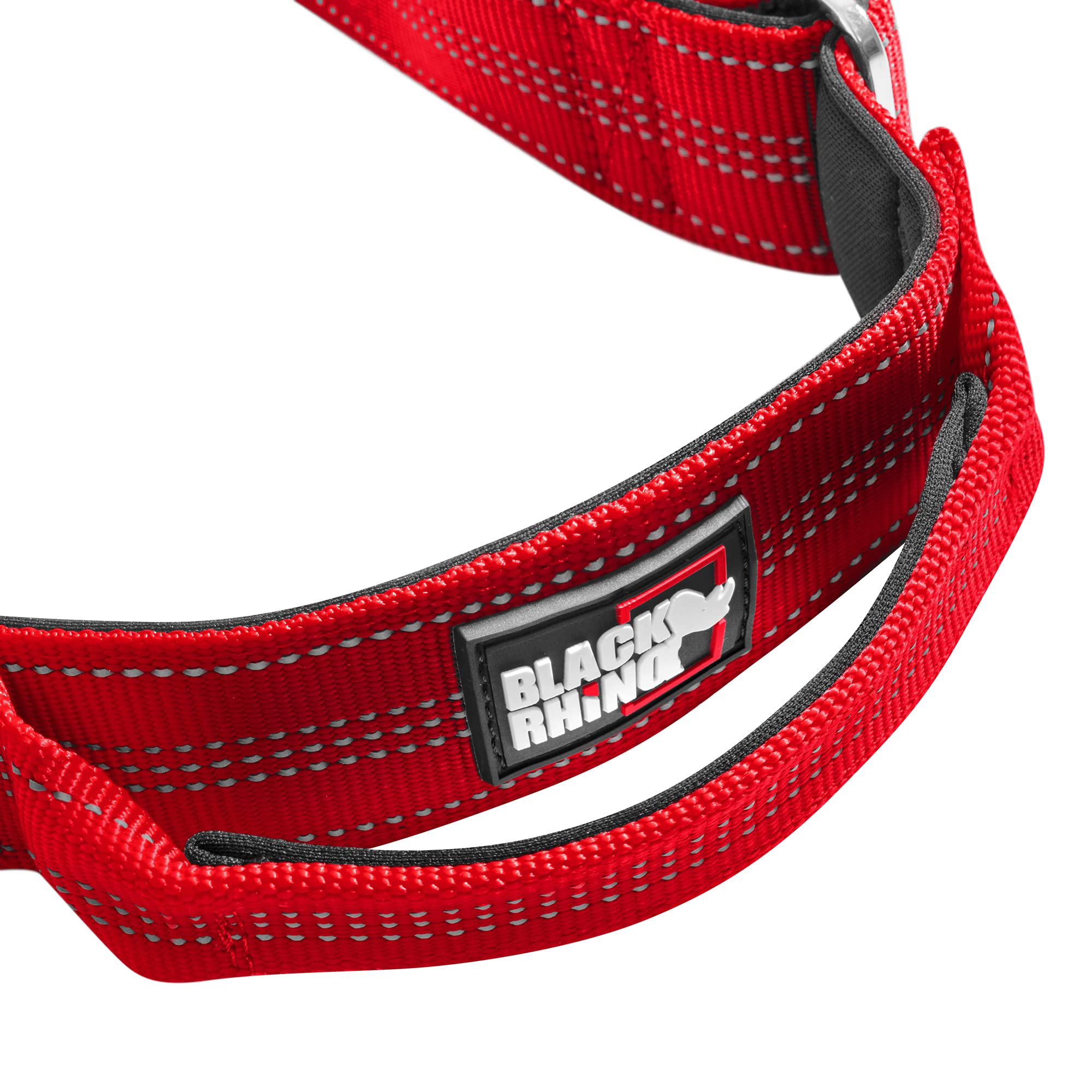 Black Rhino - Heavy Duty Tactical Dog Collar with Ultra-Soft Neoprene Padding for Medium, Large & XL Dogs | Durable Metal Buckle | Padded Handle for Training & Walking | Perfect for Outdoor Adventures, Hiking & Security (Large, Red)