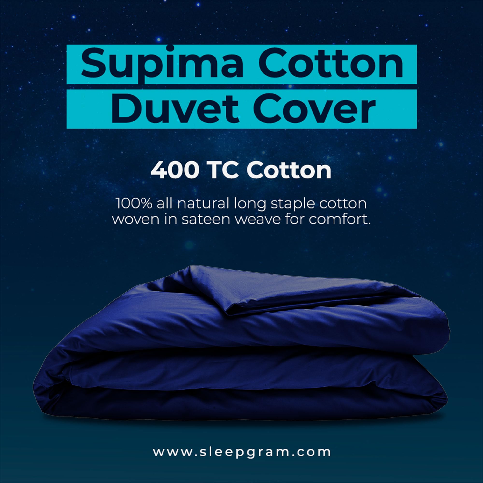 Sleepgram Supima Cotton 400 Thread Count Luxury Duvet Cover - Silver Ion Infused, Machine Washable with Zipper Closure & Travel Bag, King Size, Poseidon Blue - Perfect for Bedroom Decor, Hotel-Style Comfort & Travel Use