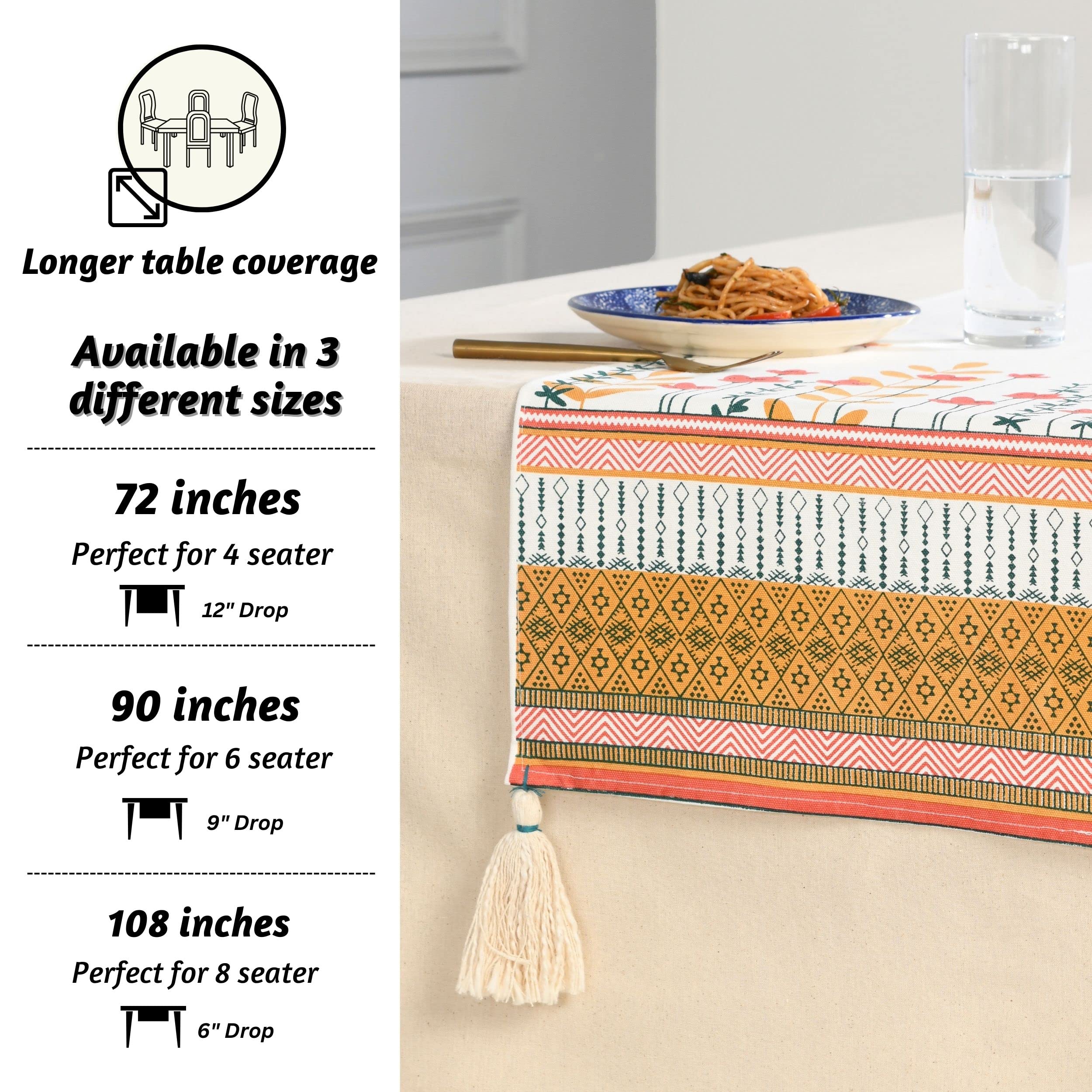 72 Inch Folkulture Cotton Farmhouse Table Runner - 100% Cotton Spring & Boho Table Decor for Dining, Coffee, and Kitchen Tables - Perfect for Wedding, Party, and Holiday Decorations (Bloom Design)