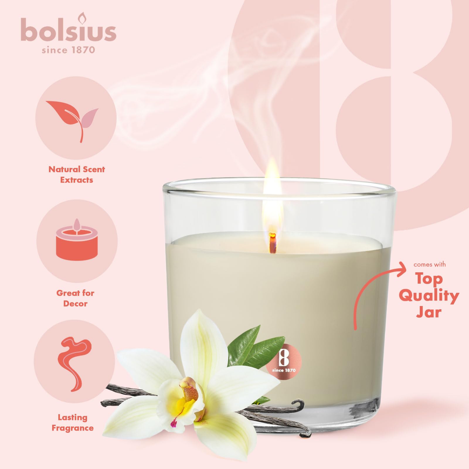 Bolsius Premium Vanilla Scented Candle - 8oz Large Jar, 43+ Hours Long-Lasting Burn Time, Natural Plant-Based Wax, Smokeless Clean Burning - Aromatherapy Home Decor for Living Room, Bedroom & Bathroom Relaxation
