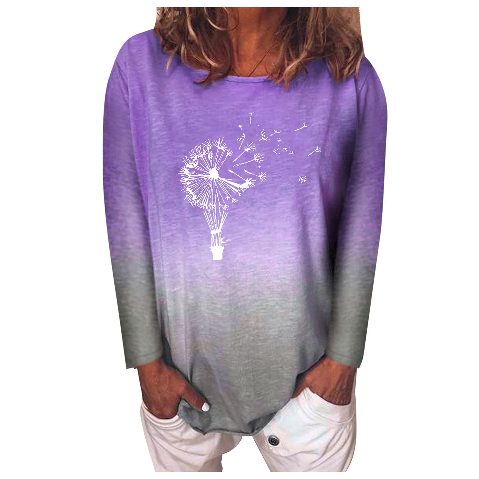 Women's Casual Long Sleeve Printed Blouse - Purple Loose Fit T-Shirt for Everyday Wear, Office & Weekend Outings