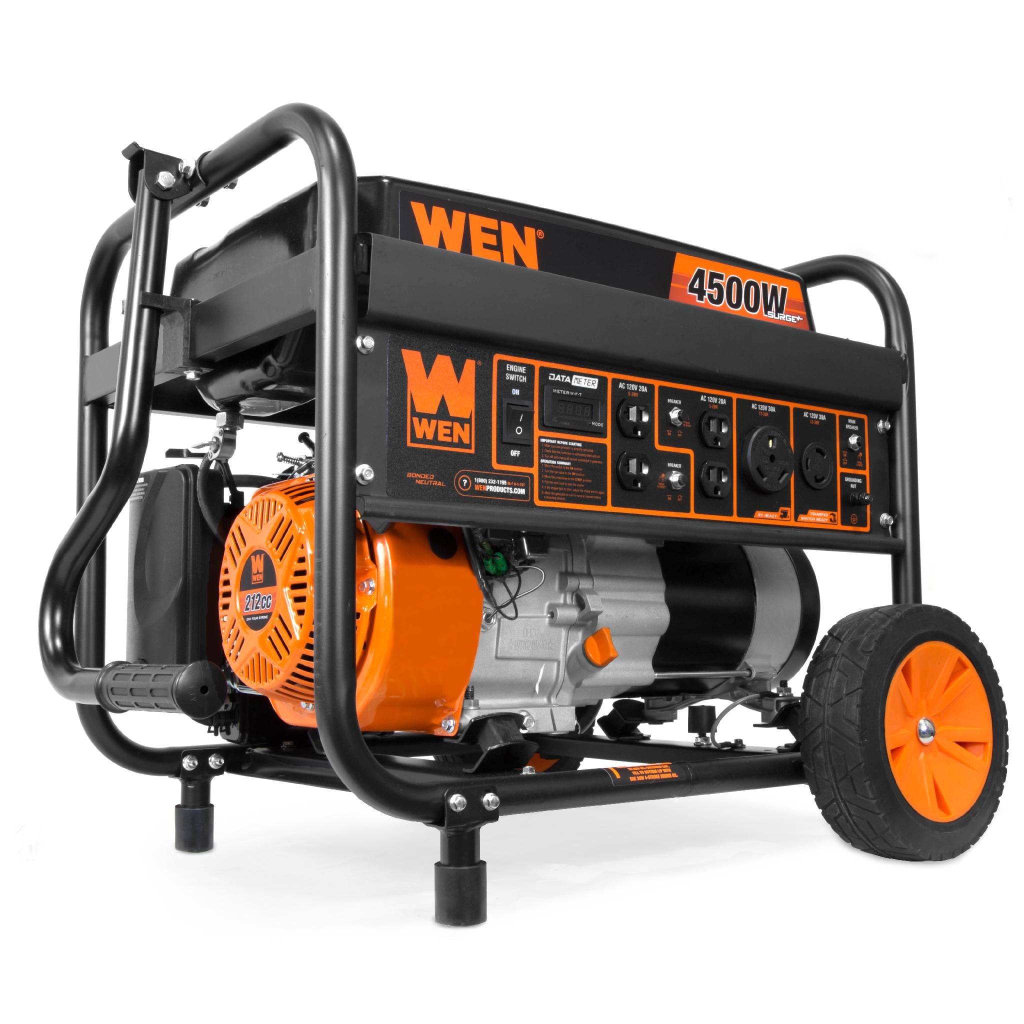 WEN GN4500M 4500 Watt Portable Generator with 212cc Engine, Transfer Switch & RV Ready - Wheel Kit Included for Camping, Home Backup & Outdoor Power