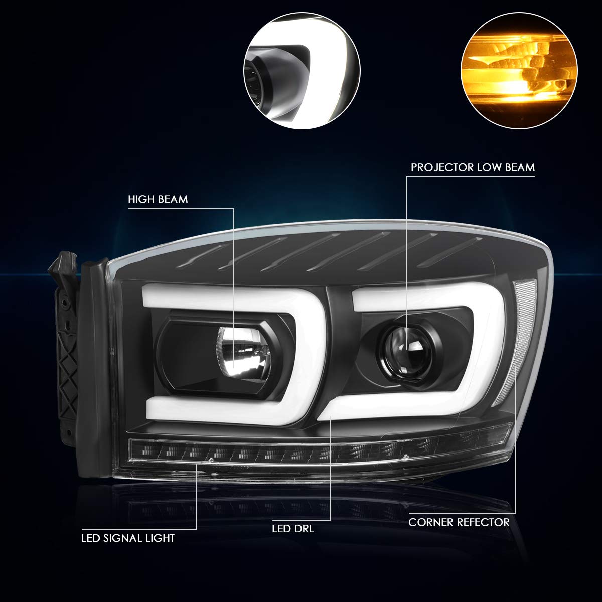 PM PERFORMOTOR C-Bar LED DRL Sequential Turn Signal Projector Headlights Assembly - Compatible with 2006-2009 Dodge Ram 1500/2500/3500 (Black Housing, Clear Lens) - Upgrade for Better Visibility & Style at Night Driving