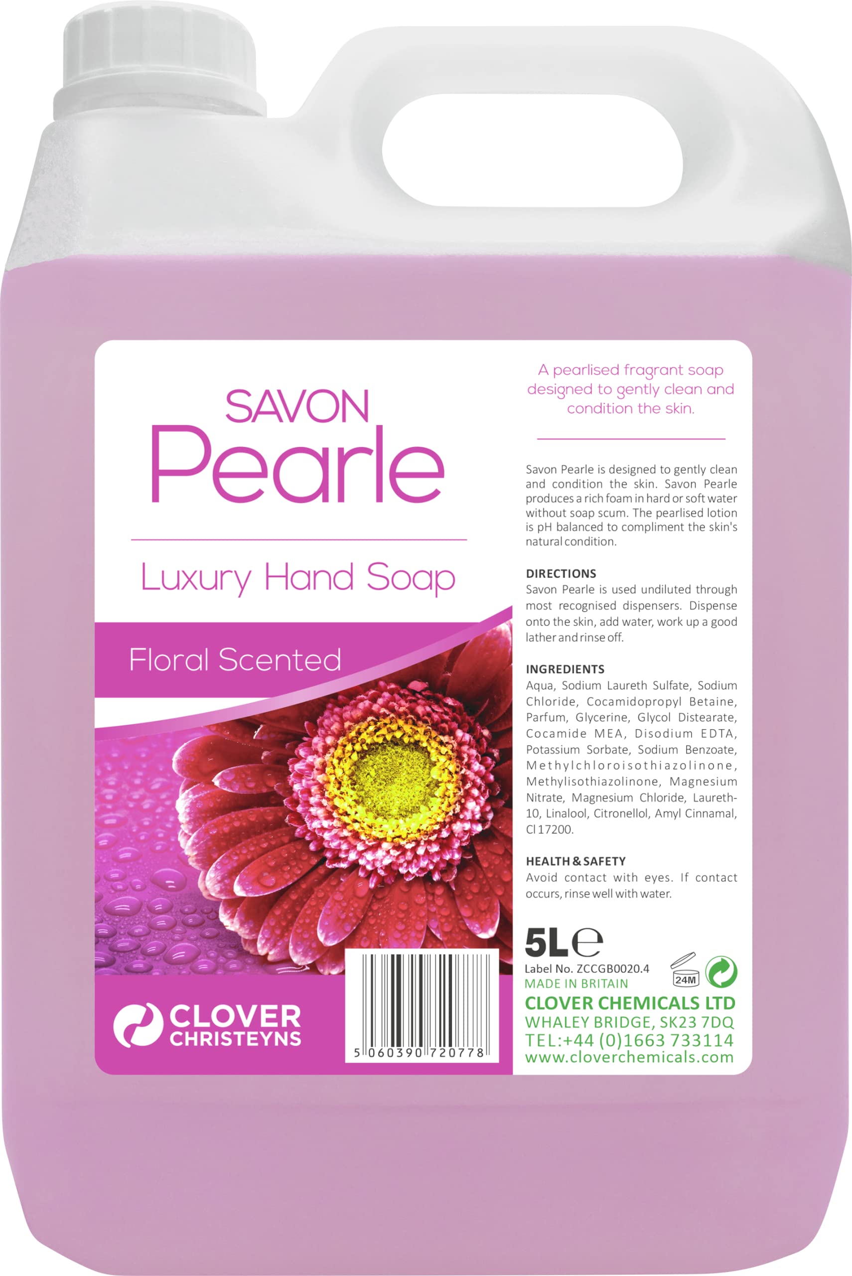 Clover Savon Pearle Luxury Hand Soap (402) 5 Liter - Premium Moisturizing Liquid Soap for Bathroom, Kitchen & Guest Washrooms - Gentle on Skin with Refreshing Scent