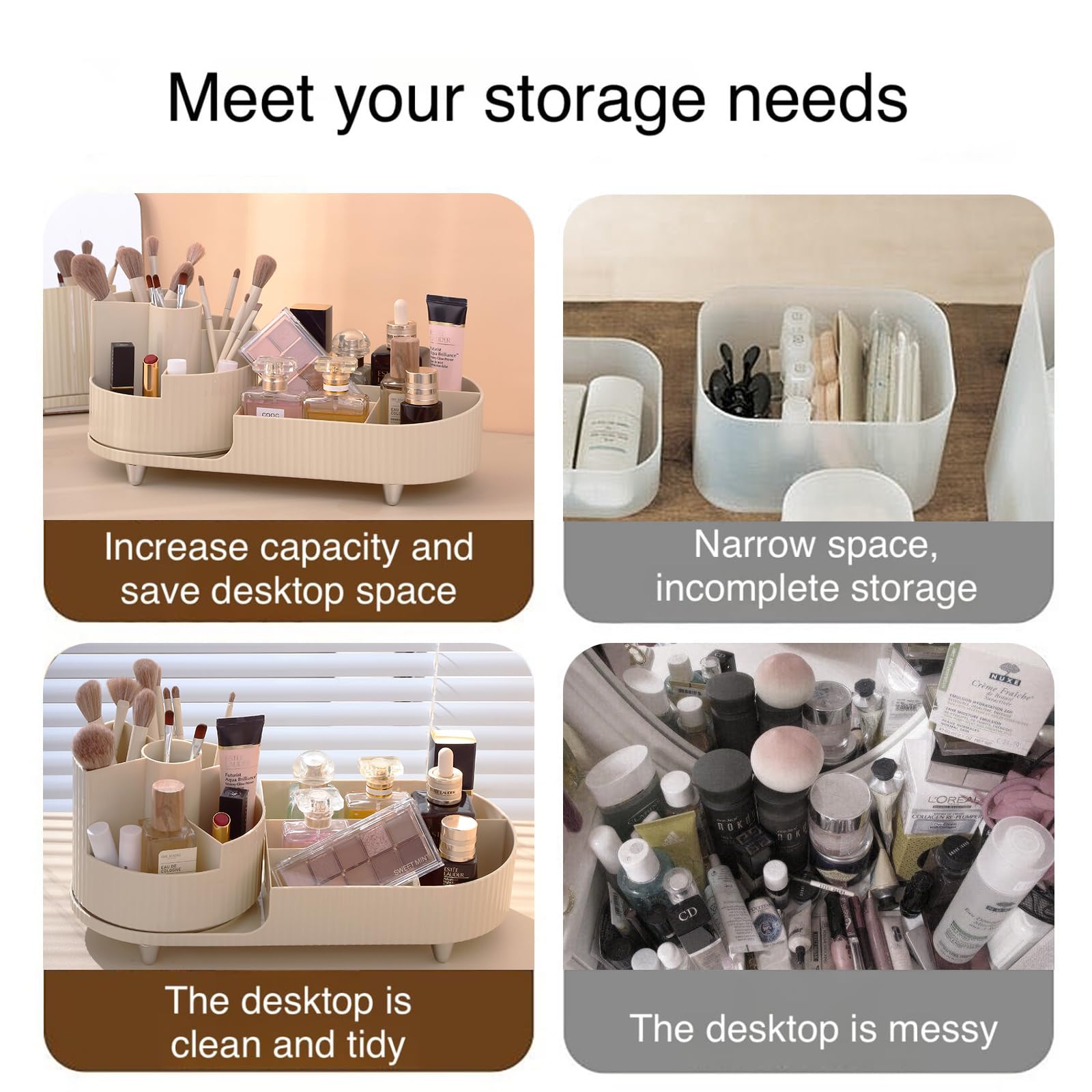 Rotating Makeup Organizer for Vanity - Cosmetic & Skincare Storage - Perfect for Brushes & Lipsticks (Creamy) - Ideal for Beauty Routines