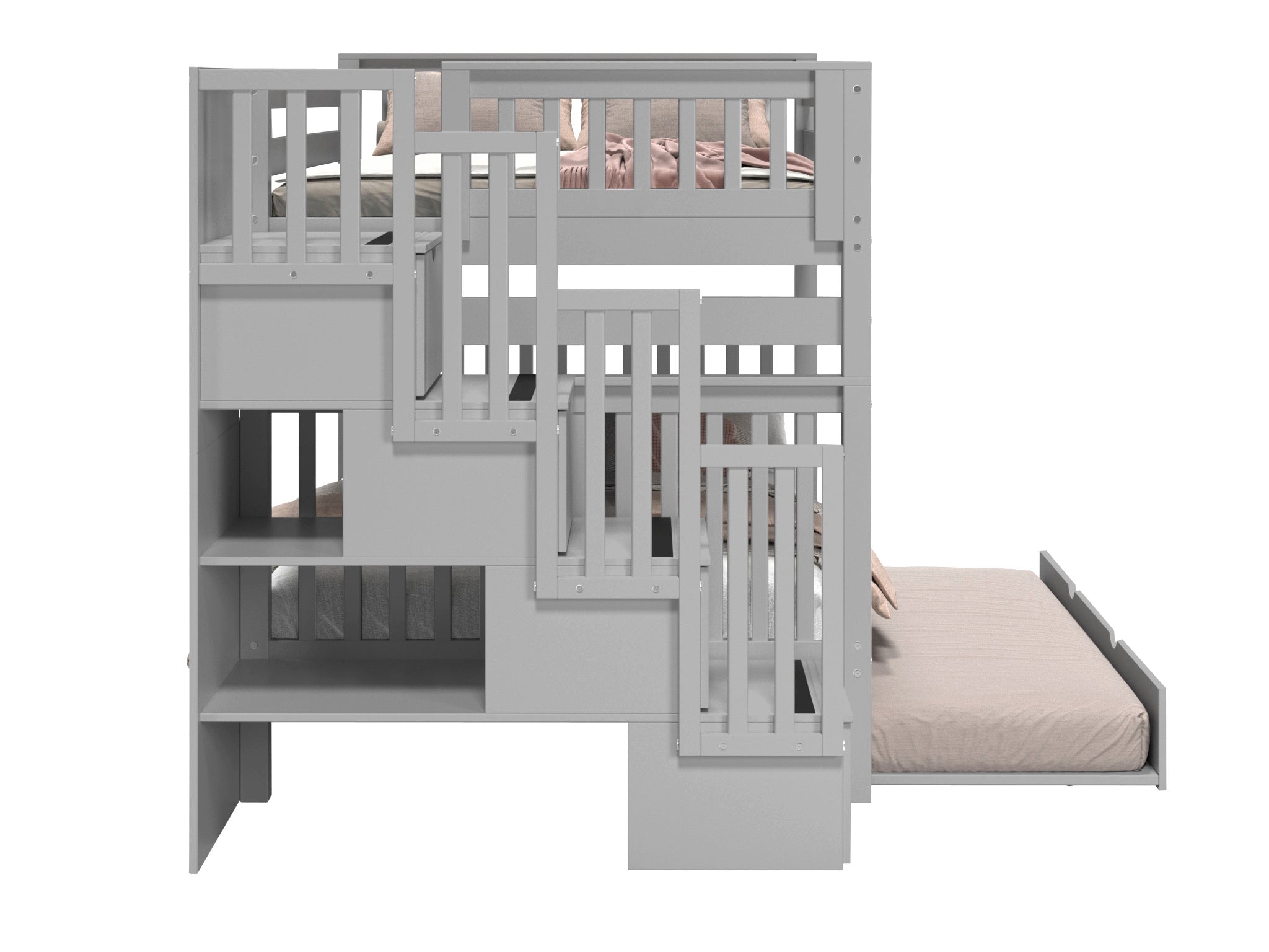Full Over Full Bunk Beds with Stairway & Trundle - Space-Saving Gray Twin Bed for Kids, Teens & Guest Rooms | Perfect for Small Bedrooms, Dorms & Vacation Homes