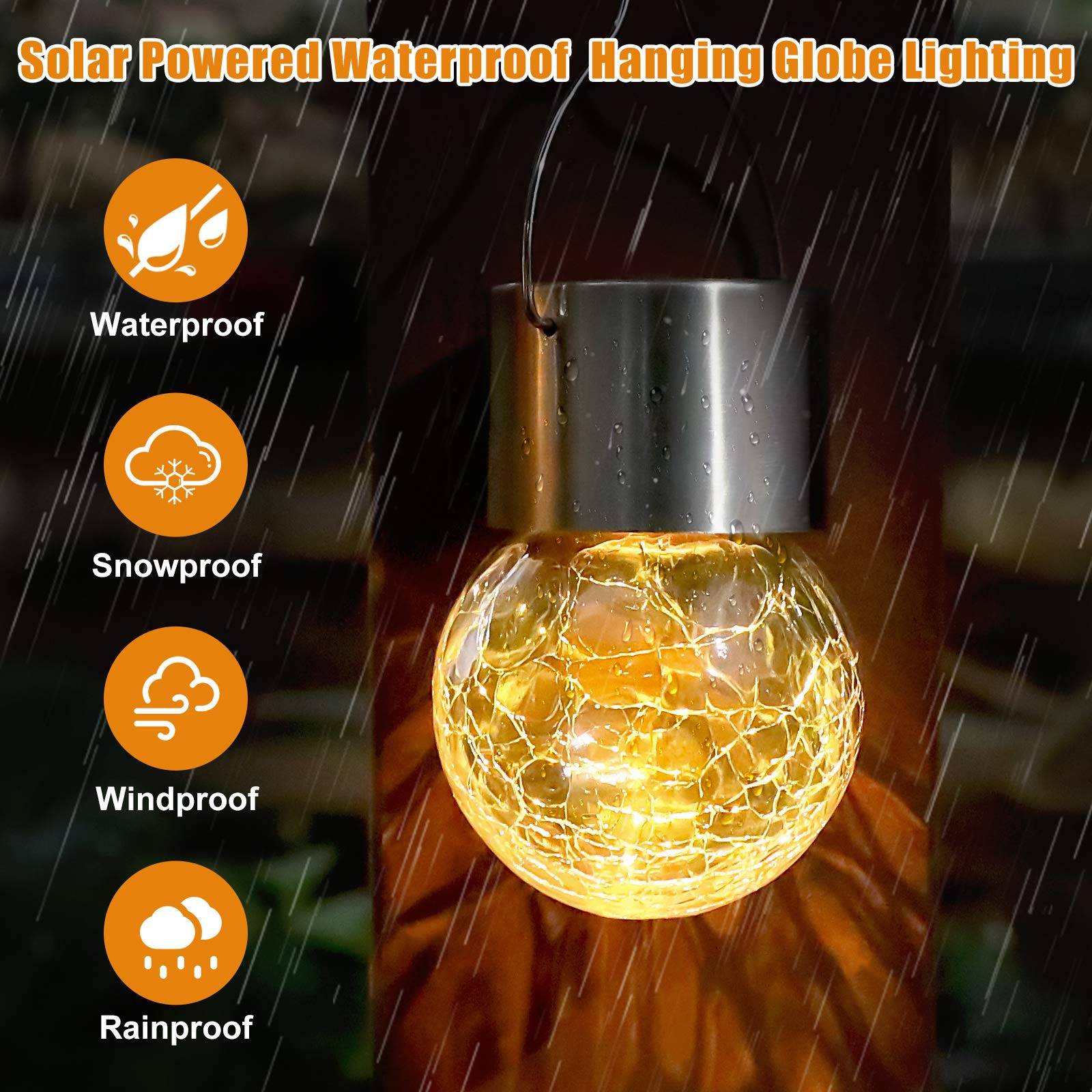 12 Pack Solar Powered Outdoor Hanging Lights - Waterproof Cracked Glass LED Ball Lights with Handle for Garden, Yard, Patio, Fence & Christmas Decor - Warm White - Perfect for Backyard, Pathway & Holiday Lighting